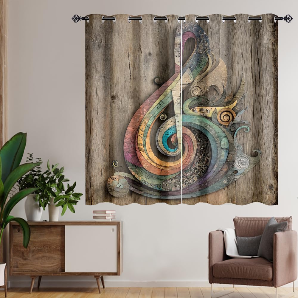 XSUPFLYM Retro Classic Musical Note Privacy Perforated Curtains Modern Realistic Wooden Wall Music Note Curtains Top Grommets Window Treatment 2 Panels.Each 21" W x 45" L