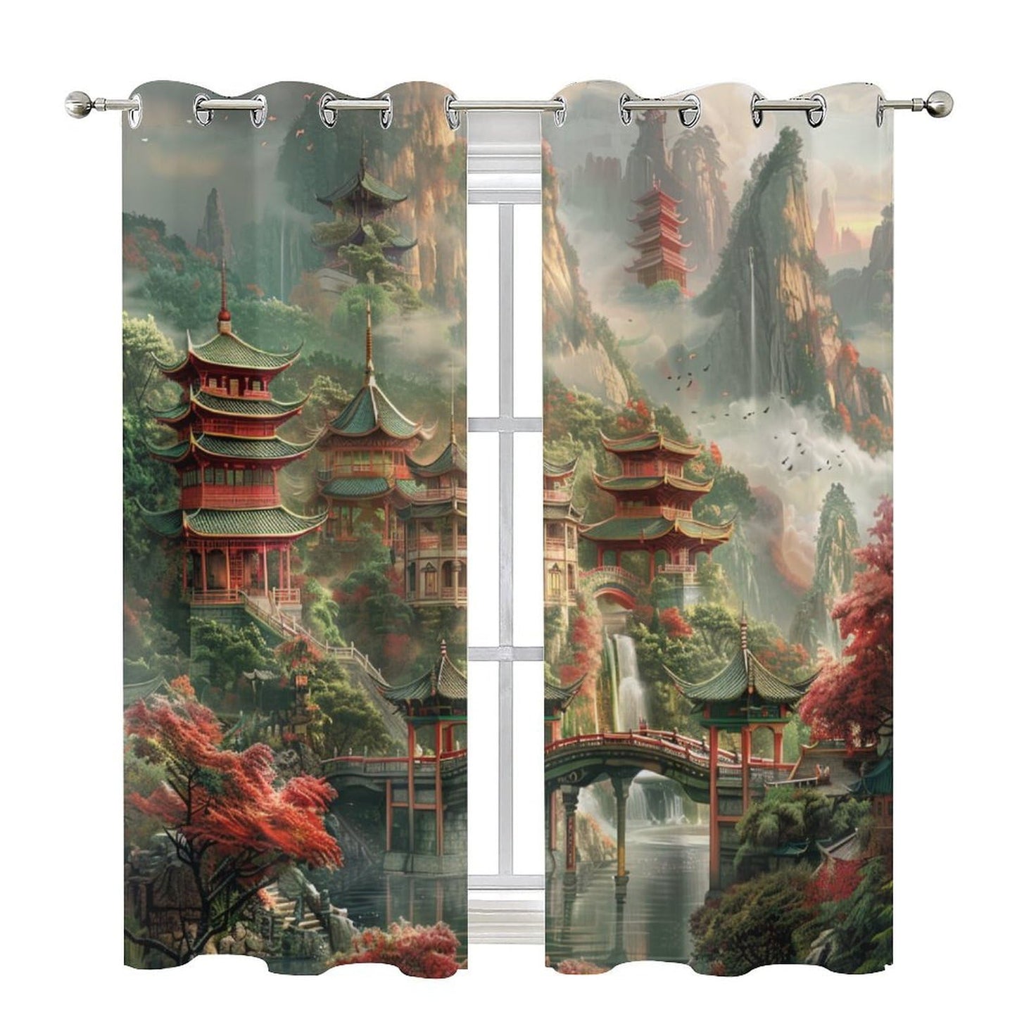 HDESDIS Fantasy Chinese Building Grommet Blackout Curtains for Bedroom, Mountain Waterfall Lake Forest Thermal Insulated Curtains Room Darkening Window Drapes, 21W x 45L, 2 Panels
