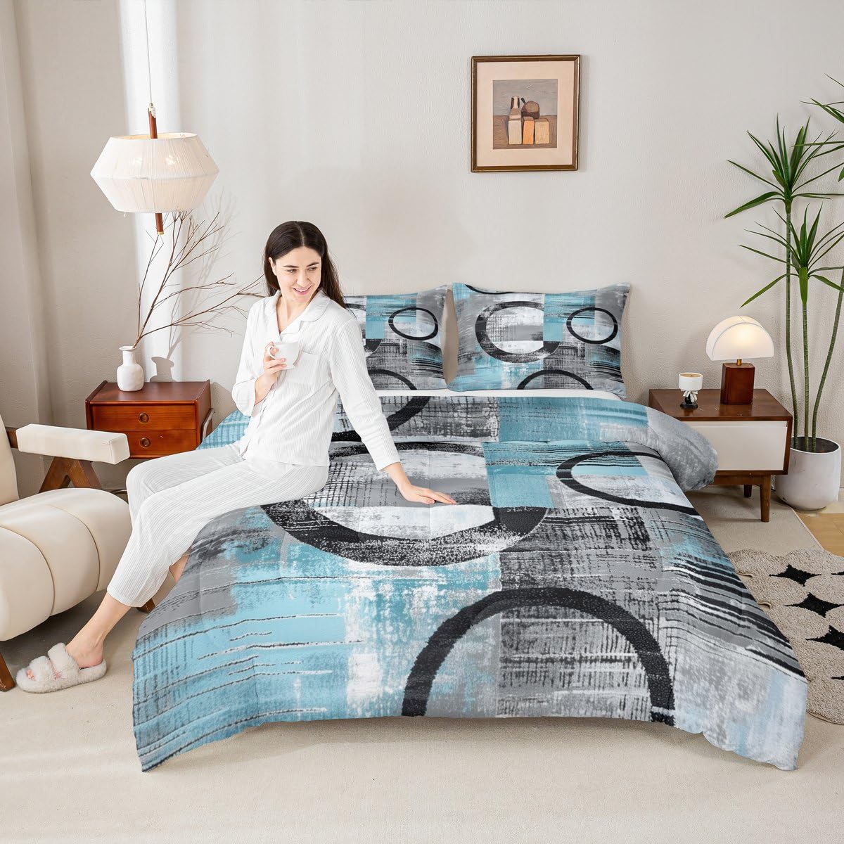 Feelyou Abstract Comforter Set Full Size Modern Abstract Art Bedding Set Geometric Duvet Quilt Luxury Bedroom Decor Blue 3 Pcs with 2 Pillow Cases