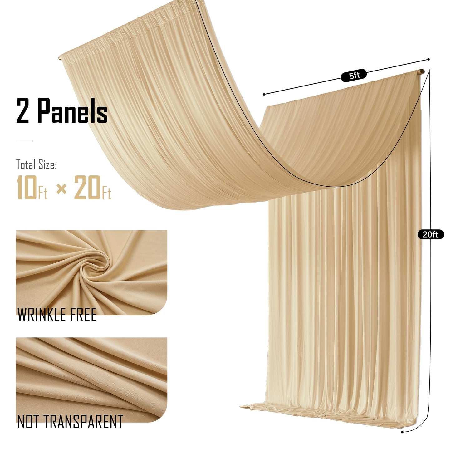 gogoparti 10x20FT Beige Ceiling Drapes for Weddings Parties - 2 Panels of 5x20FT Wrinkle Free Silk Beige Drapes for Tent Canopy, Weddings, Birthdays, Parties, Tent & Event Decoration