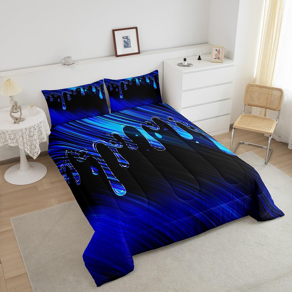 Feelyou Abstract Bedding Set Kids Ombre Blue Black Reversible Comforter Set Modern Art Comforter for Women Men Room Decor Drop-Shaped Duvet Set Full Size with 2 Pillow Case