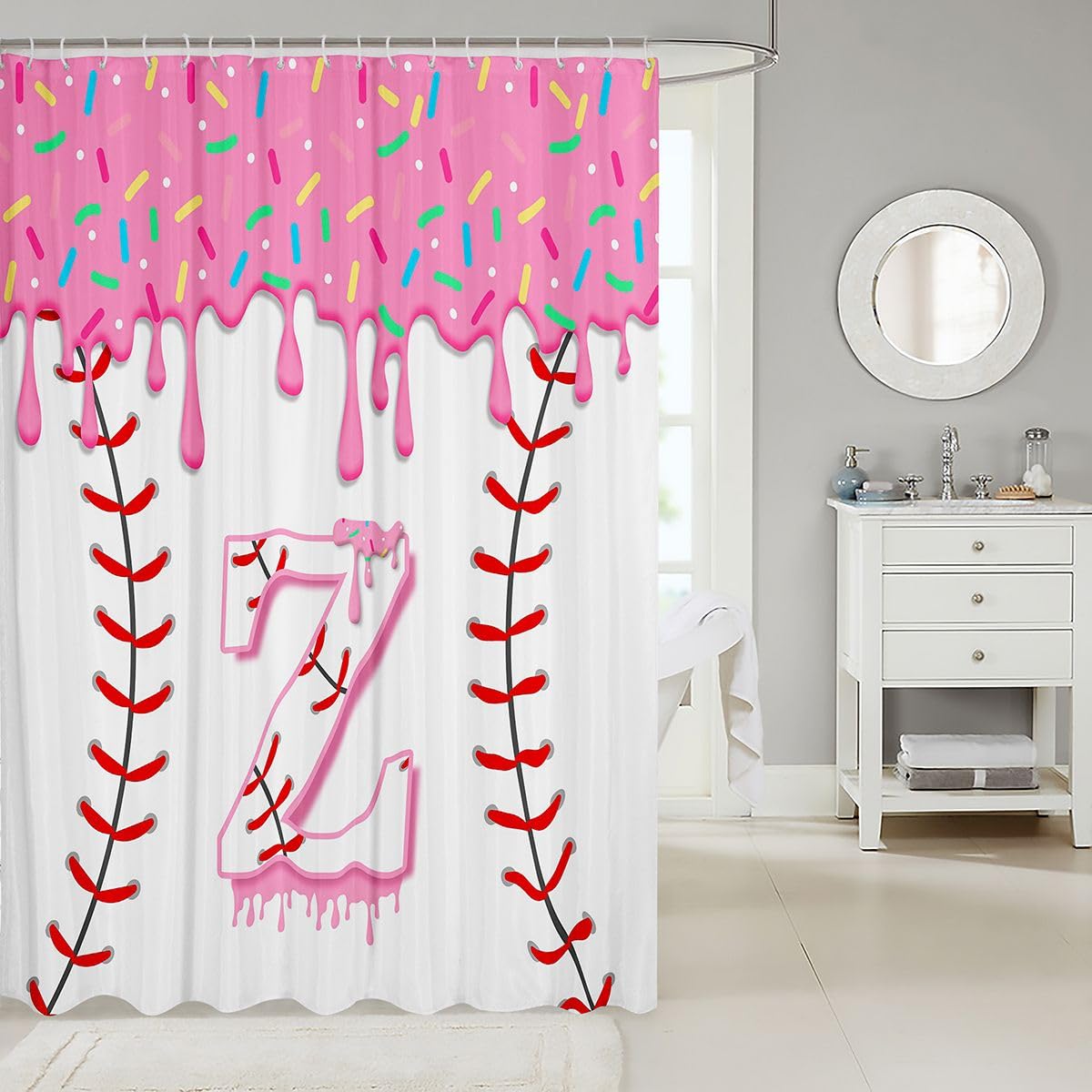 jejeloiu Baseball Ice Cream Shower Curtains Initial Letter Z Bathroom Curtain for Kids Women Men Pink Ice Cream Bathroom Accessories Waterproof Polyester Fabric for Stalls Bathtubs 72"x78"