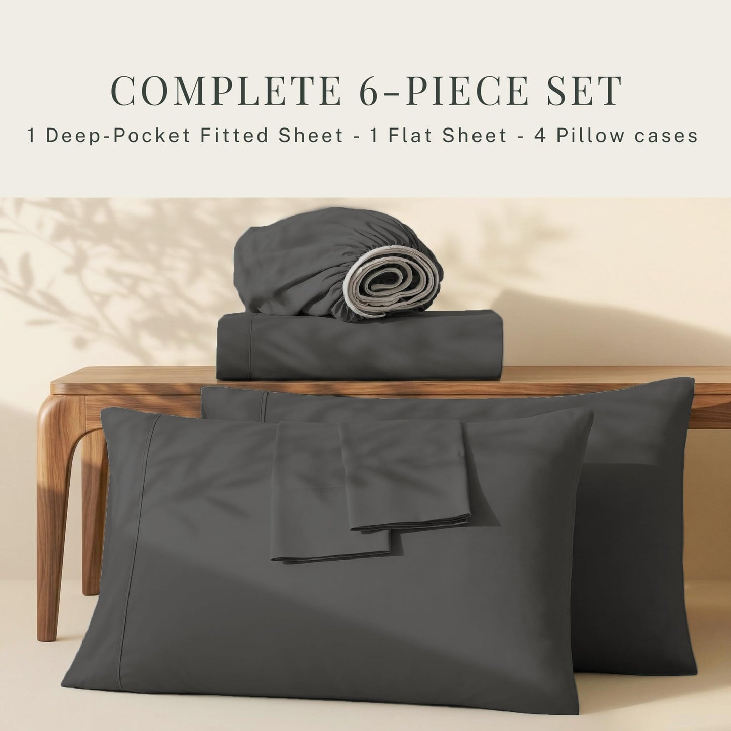 Hearth & Harbor Extra Deep Pocket Queen Sheets Sets - Fits Mattress 18-24 Inches Deep - Extra Deep Pocket Sheets - 6 Piece Queen Size - Grey