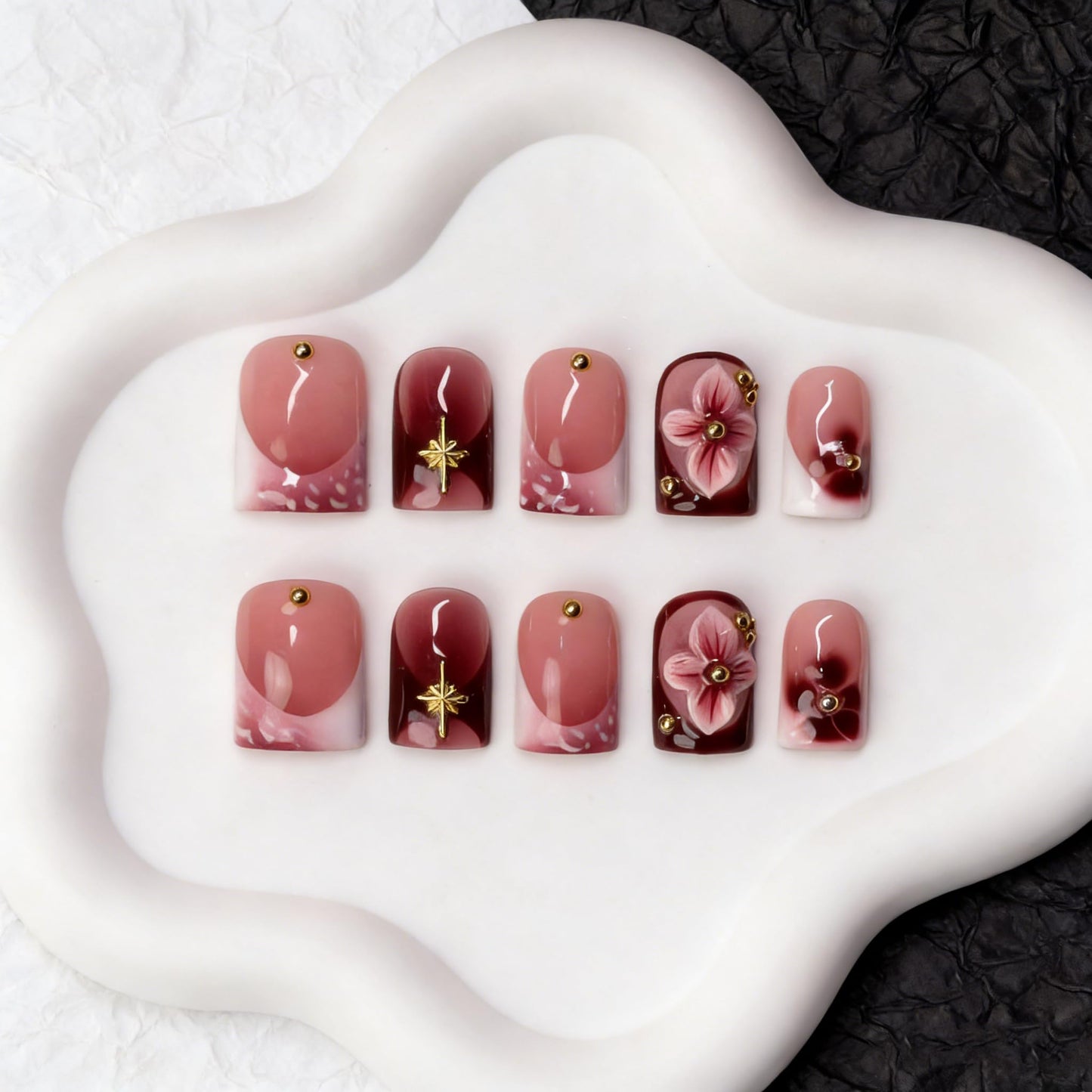 Handmade Press on Nails Glossy Cherry Red False Nails with 3D Flower & Golden Steel Designs Gradient French Tip Thicked Fake Nail Full Cover Muti-Layer Gel Acrylic Stick on Nails for Women (M)