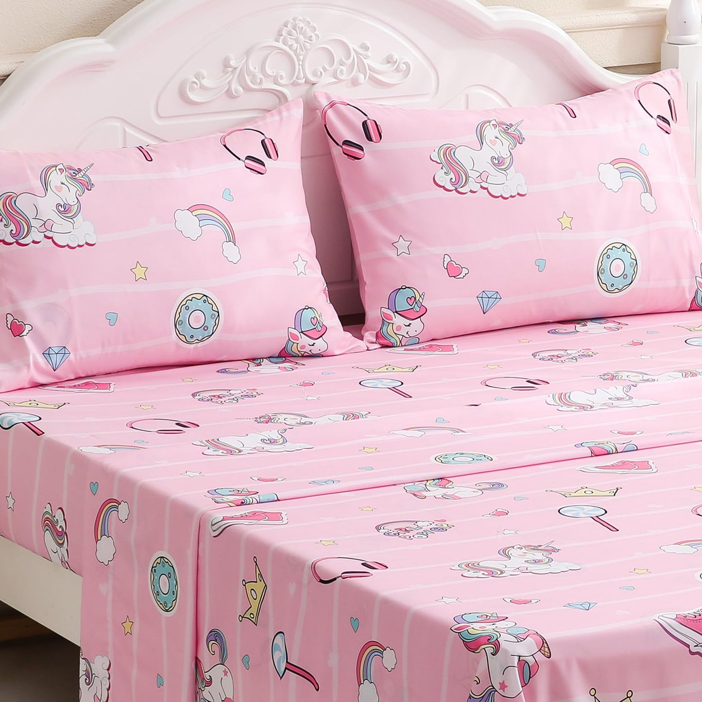 Ocharo Unicorn Twin Sheets Set Kids - 3 Pcs Girls Rainbow Printed Microfiber Bed Sheets,Pink Cartoon Style Deep Pocket Fitted Sheets,Soft Cute Sheets for Bedroom Room