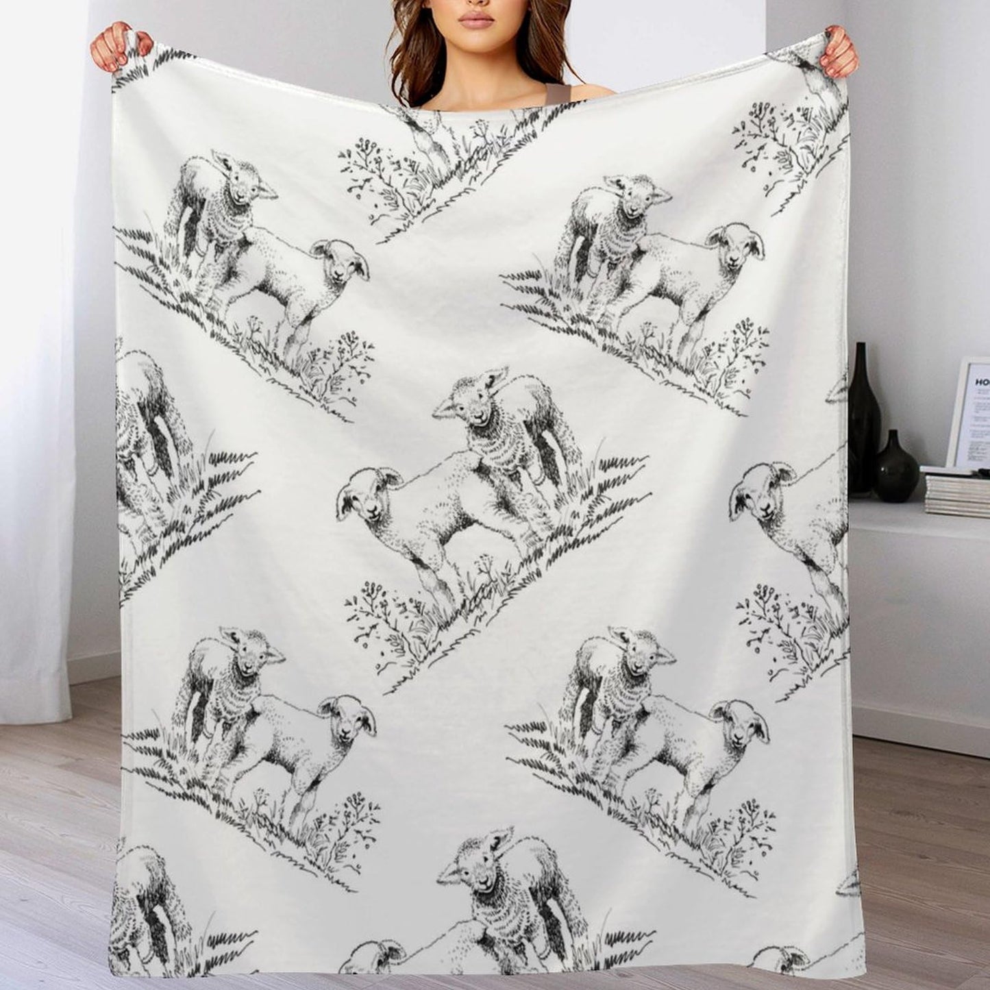 Cute Sheep Blanket Abstract Aesthetic Hand Drawn Sheep Cute Animal Black White Art Print Soft Cozy Lightweight Throw Blanket for Bedroom Living Room Dorm Chair Sofa Travel 40x50in