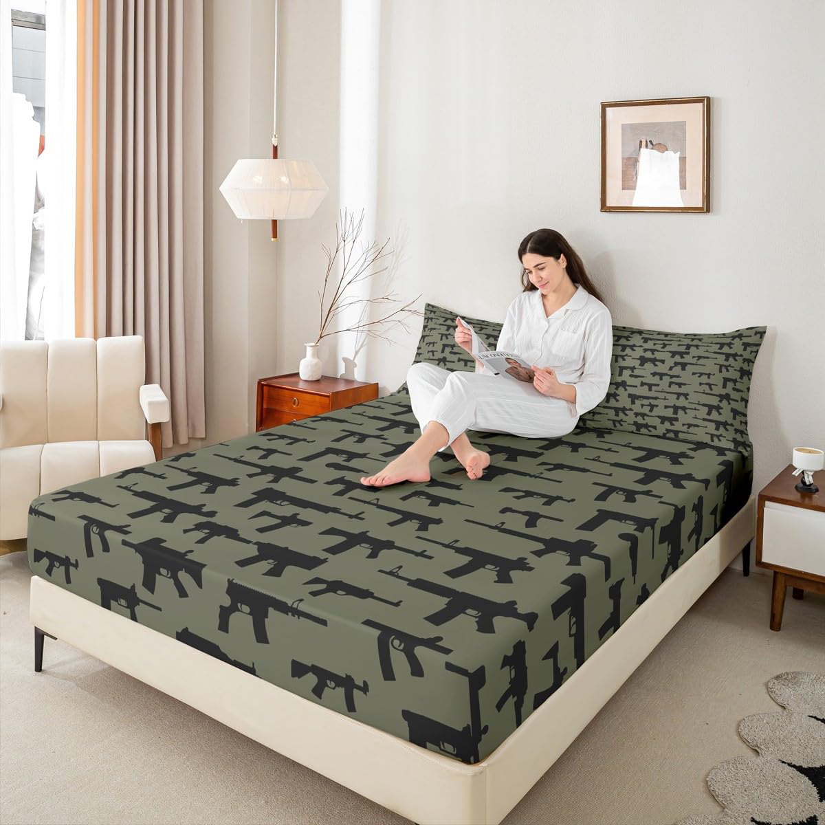 Erosebridal Machine Guns Bed Sheet Set King Size for Boys Teens Men Bedroom Military Theme Bedding Sets,Army Rifle Pattern Fitted Sheet & Flat Sheet Soft Microfiber Sheet Set 3 Piece Army Green