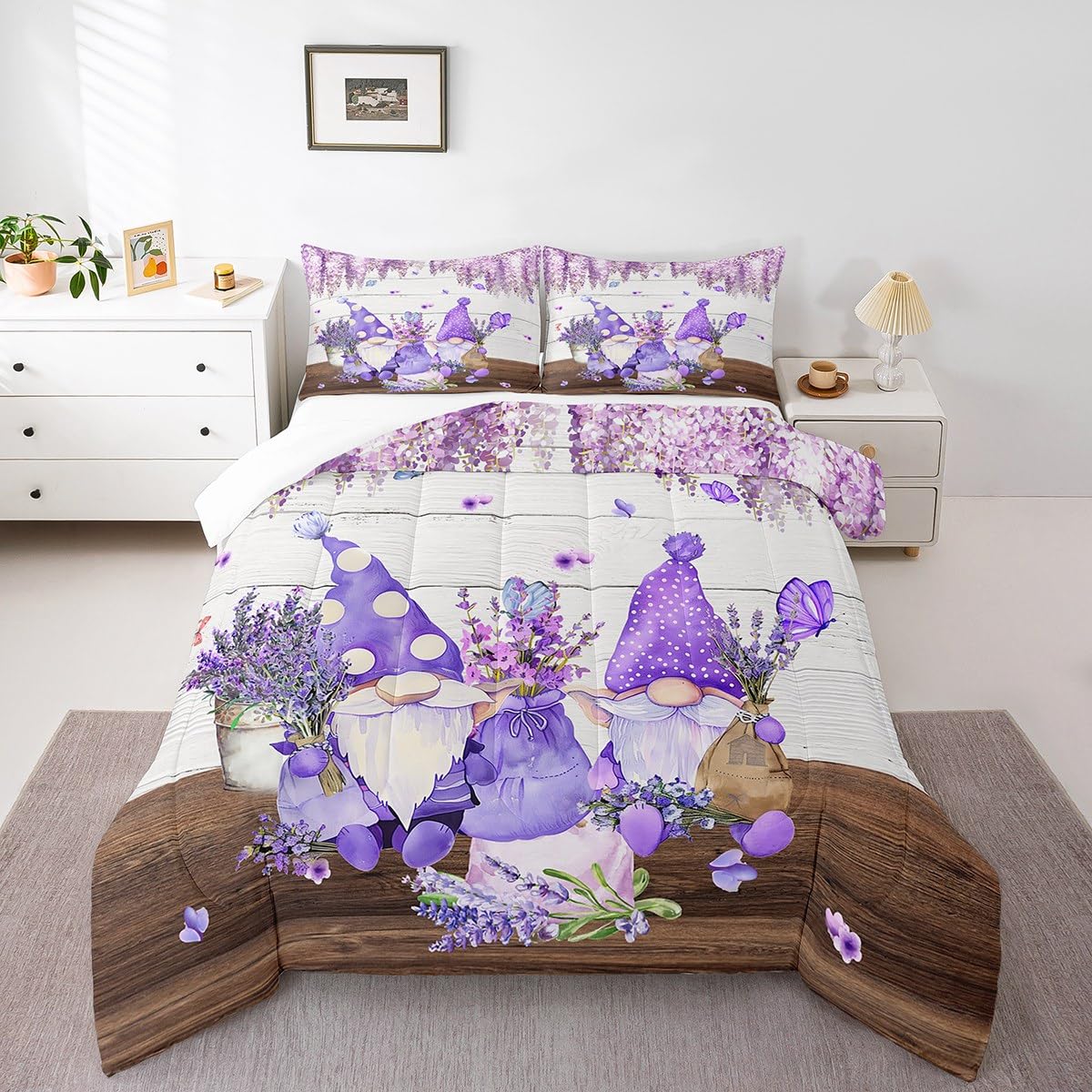 Manfei Cute Gnomes Comforter Set Queen Size, Purple Vine Flower Butterfly Quilt Set with 2 Pillowcases, Lavender Bouquet Bedding Set 3pcs for Kids Boys Girls Grey Wood Plank Duvet Insert