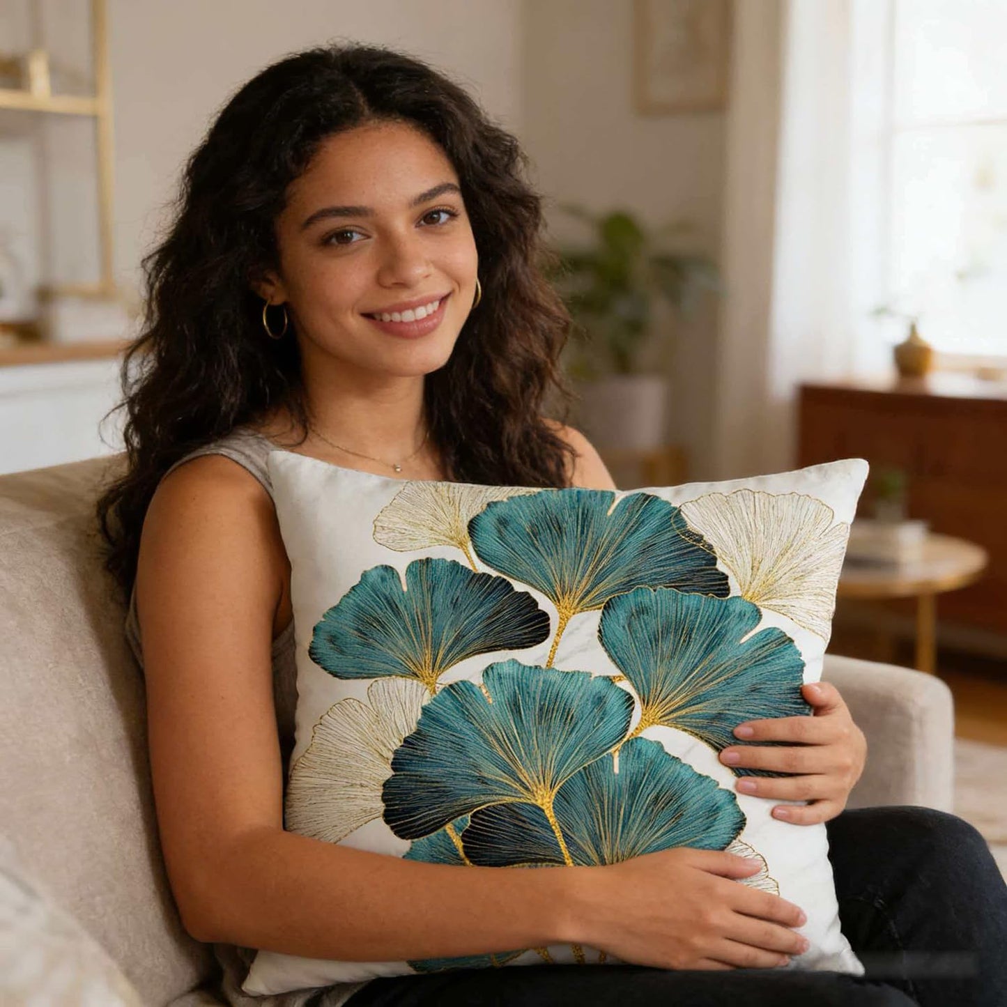 F Finerease Throw Pillow Cover Teal Ginkgo Leaves - 18 x 18 Inch Turquoise Pillow Cushion Cover - Set of 2 Square Cushion Case, Great for Sofa, Bedroom, Yard, Living Room Home Decor