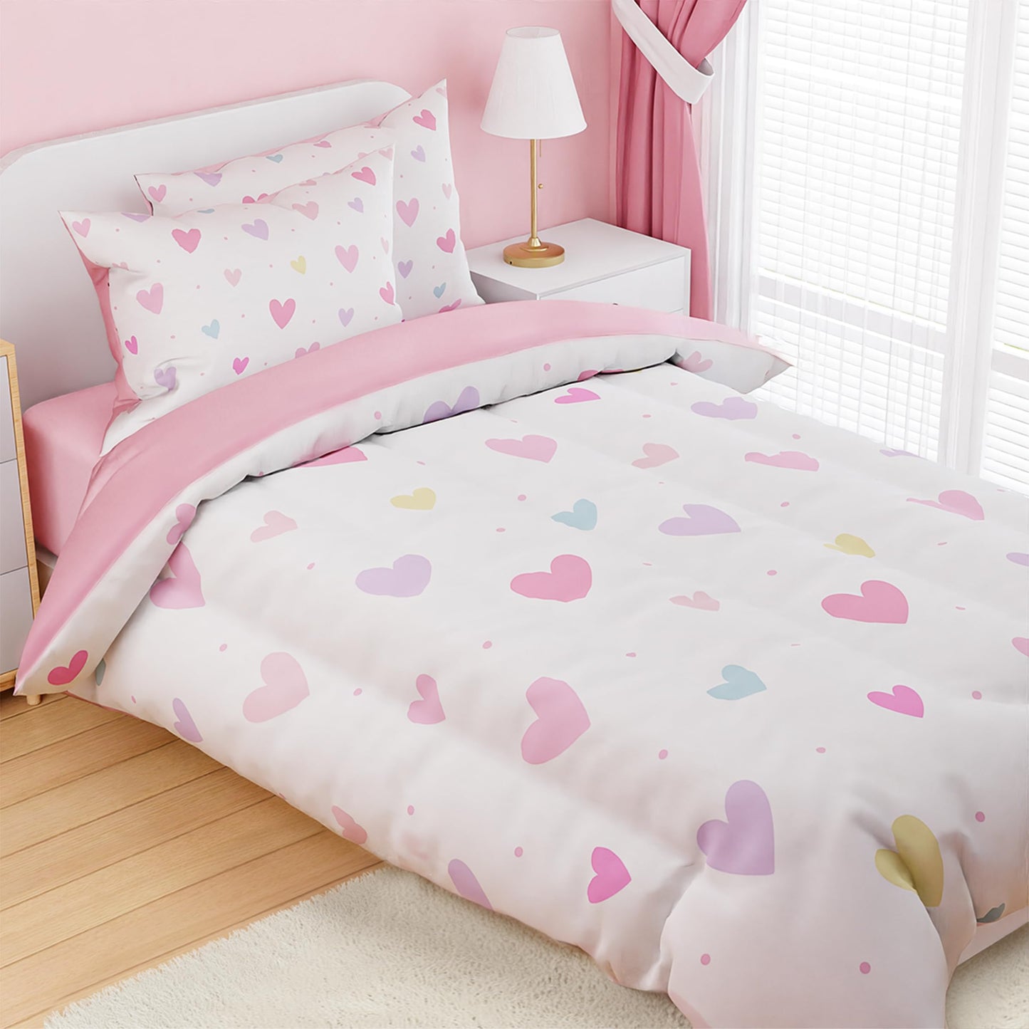 SANDJEST Heart Comforter Set Twin Size 68x86in for Kids Girls, Microfiber 3 Pcs Bedding Set Includes 1 Comforter, 1 Pillowcase, 1 Fitted Sheet, Nursery Room Decor