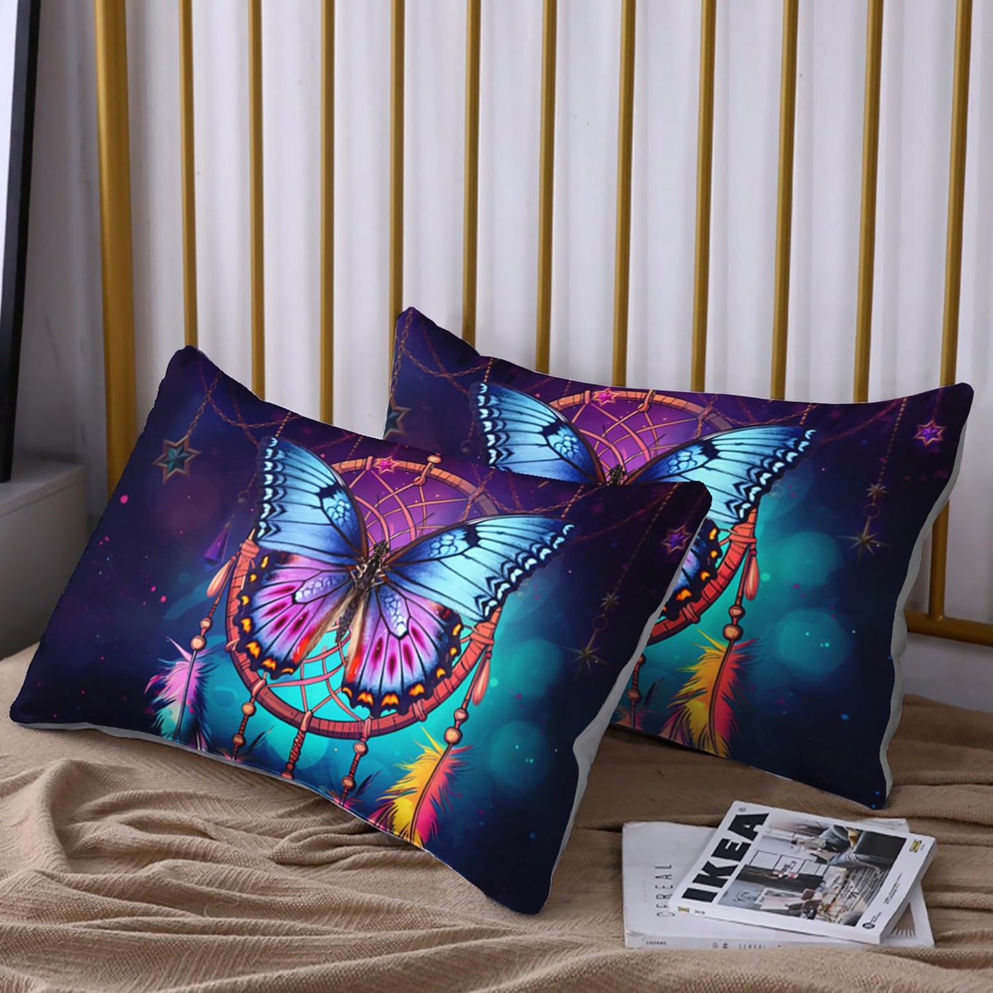 HOSIMA Dream Catcher Fitted Sheet Set 3Pcs,Indian Hippie Feather Boho Bedding Toddler Room Decor for Girls Boys,Native American Gypsy Butterfly Bed Set Twin Bed in a Bag Set for Adults Teens.