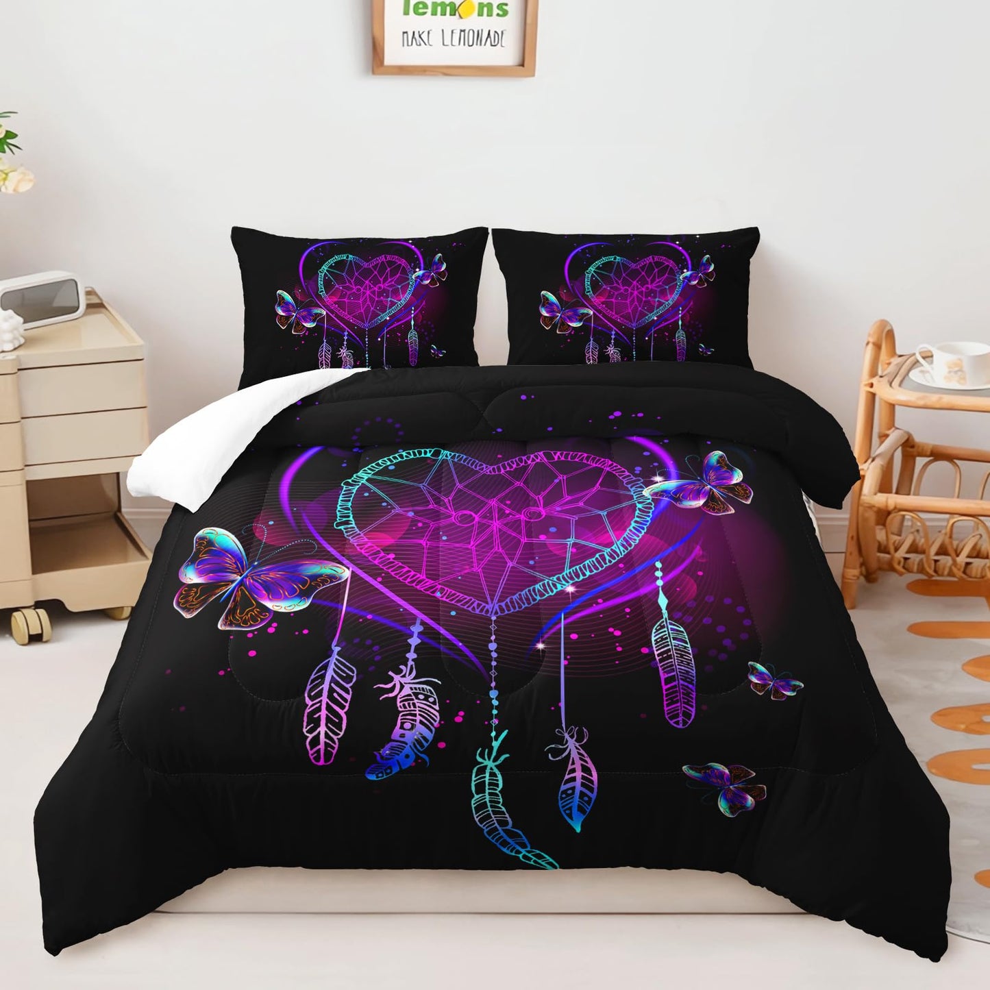 AILONEN Neon Love Comforter Set Queen Size, Valentine Gift Crystal Purple Butterfly Plume Design Bedding Set,Black and Purple Bedroom Decor Print Quilt 3Pcs (1 Comforter+ 2 Pillowcases)
