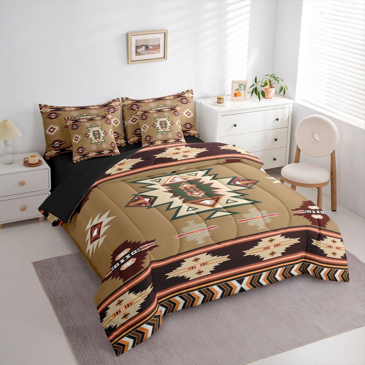 Erosebridal Western Twin Comforter Set with Sheets | Southwestern Decor Geometric 7-Piece Bedding Set Farmhouse Aztec Bed in a Bag, Stripes Diamond Triangle Bed Sets,Brown