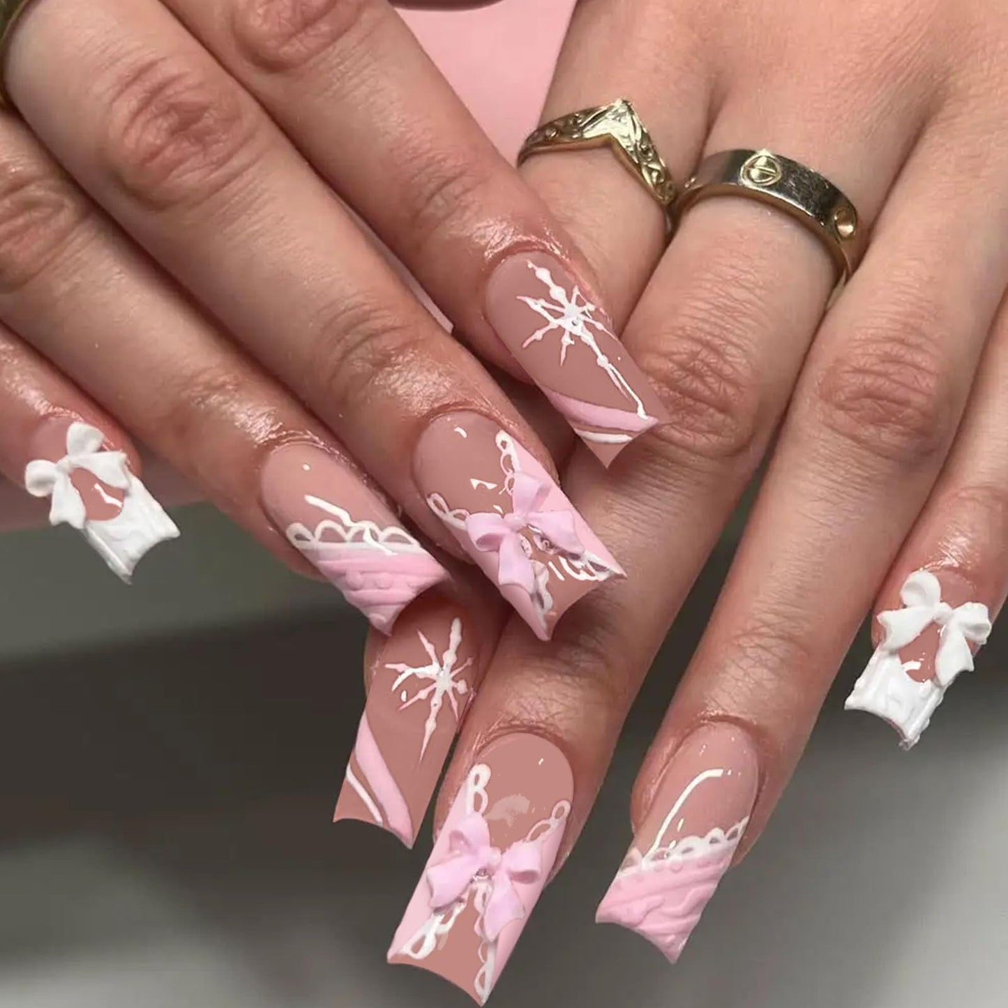White French Tip Press on Nails Medium Square Fake Nails Winter Nails Press ons with 3D Bow Snowflakes Designs Pink Acrylic Nails for Women 24Pcs