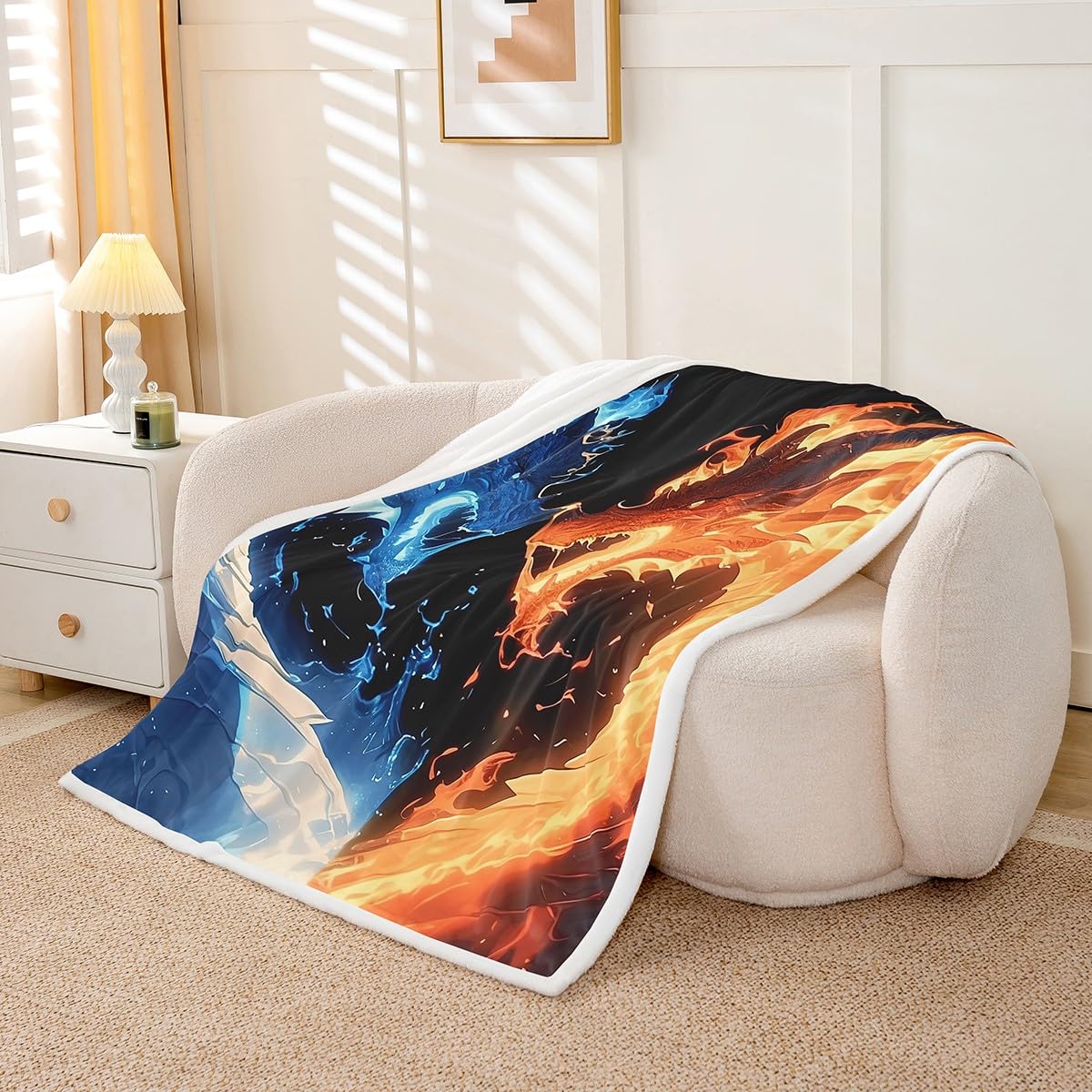 Erosebridal Dragon Fleece Blanket Twin Size for Boys,Wildlife Animals Sherpa Blanket Western Magical Wildlife Fuzzy Plush Throw for Kids Adult,Blue Gold Decor for Sofa Couch