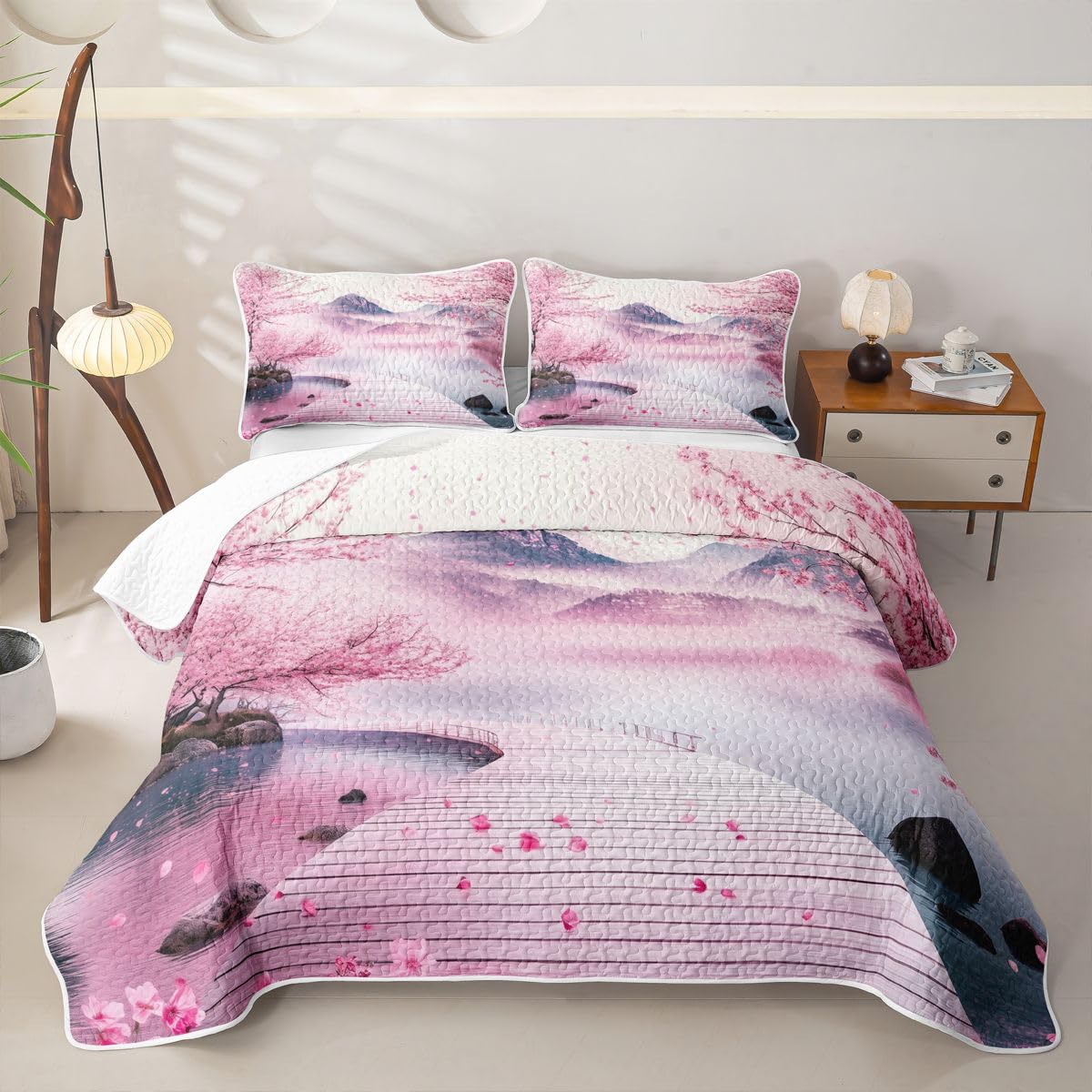 Erosebridal Pink Japanese Quilt Twin Size - Japanese Cherry Blossom Bedspread Watercolor Ink Painting Bed Coverlet with 1 Pillowcase