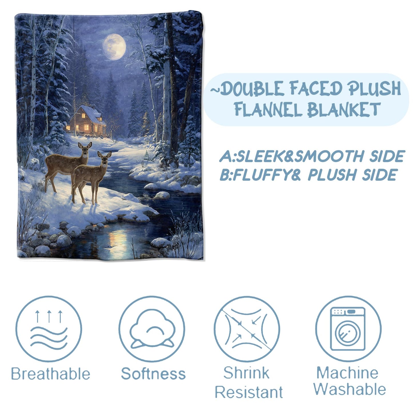 Zeleda Winter Deer and Cabin Blanket,Gifts for Rustic Nature Lovers,Lightweight Flannel Throw Blankets,Forest Snowy Moonlight Throws Home Decor,for Couch Living Room Office,60x50inch