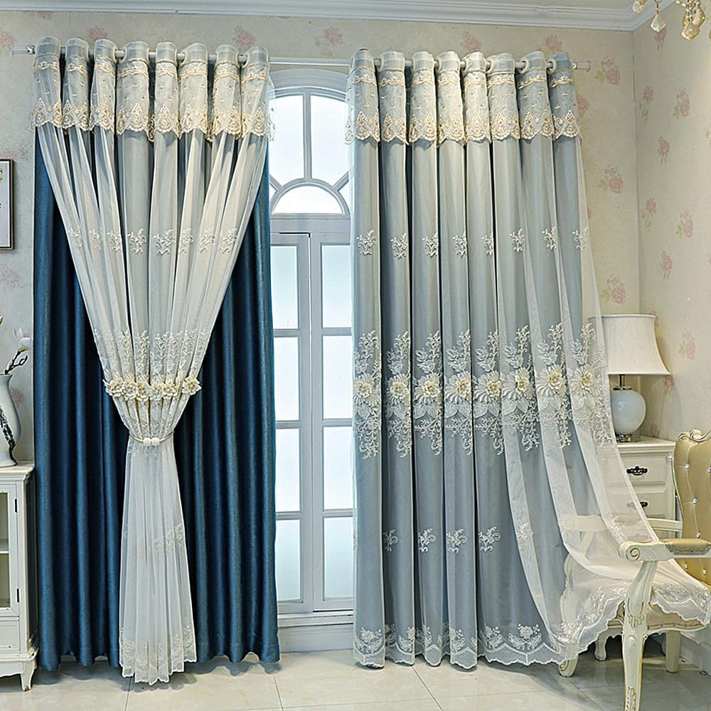 Amidoudou 1 Pair Luxury European Curtains with Valance for Living Room Bedroom Double Layer Embroidered Blackout Curtains (Dark Blue,51x96 Inch)