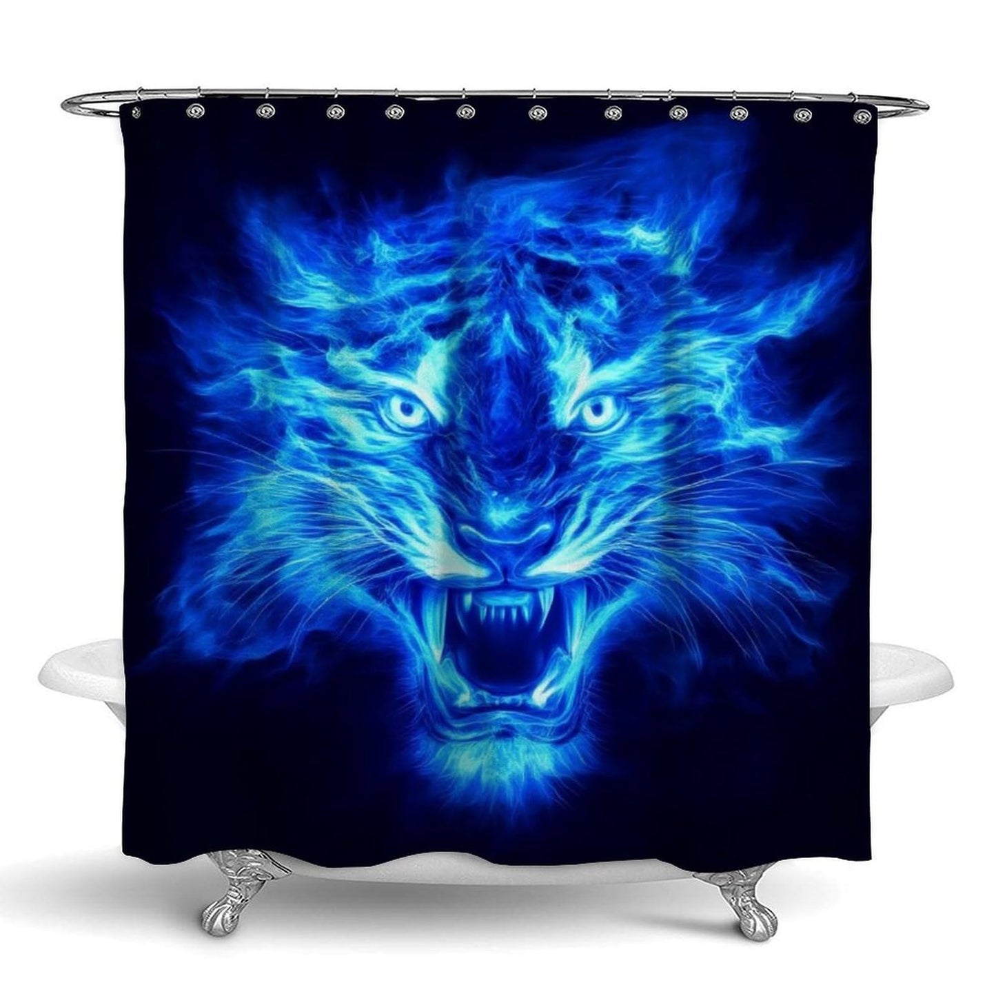 Fashion Waterproof Lightweight Shower Curtain, Blue Fire Tiger Hotel Bathroom Decorative Shower Curtain with Hooks, 72"x 70"