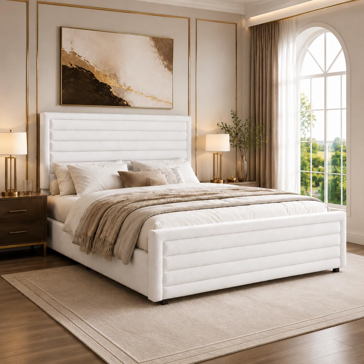 REVOMINCA Full Size Bed Frame, Full Platform Bed Frame with Velvet Upholstered Headboard, No Box Spring Needed, Easy Assembly, White