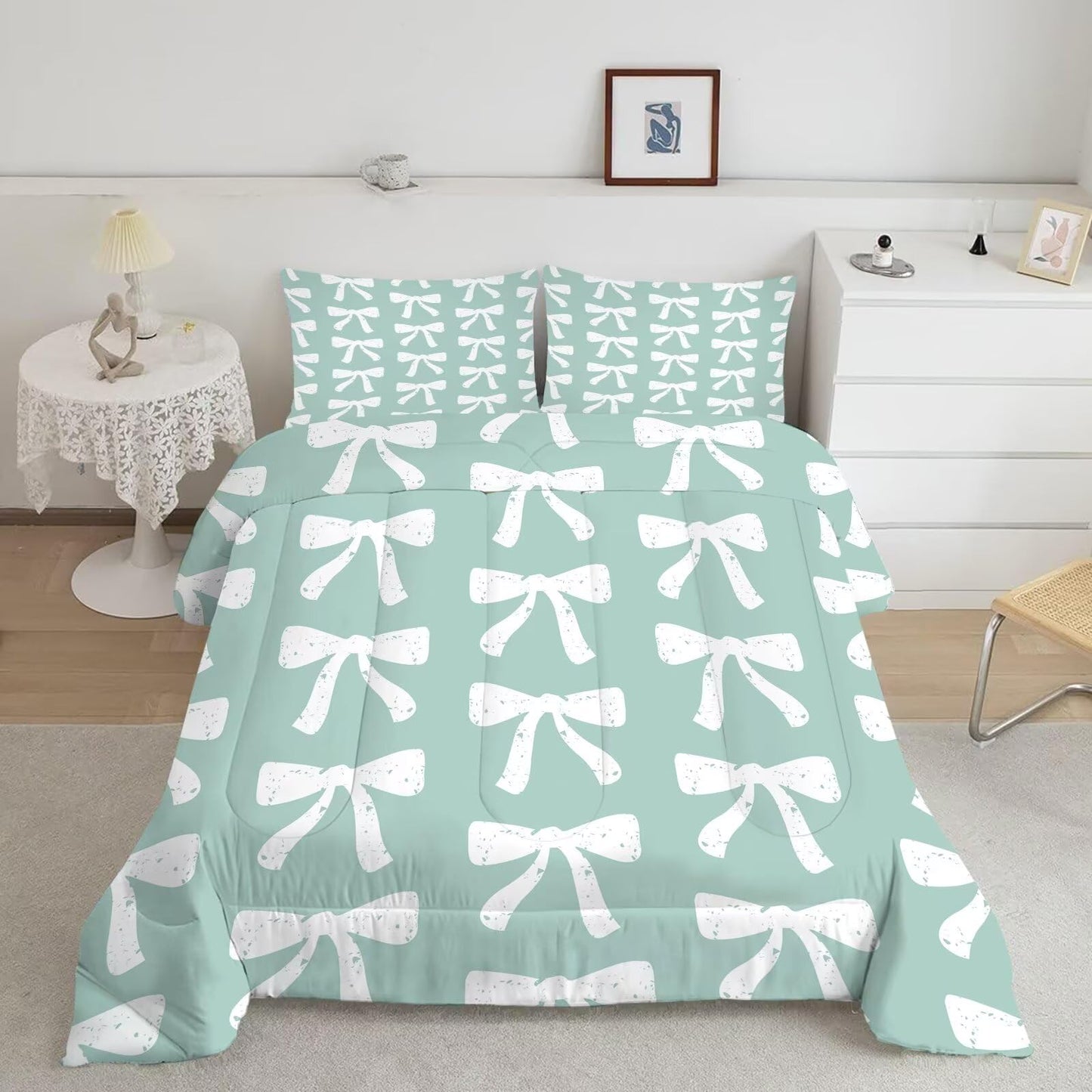 DJNEAR Green Bow Comforter Set Twin Size Cute Girls Bedding Sets for Kids Teens Women Bedroom Kawaii Bowknot Quilt Room Decor 1 Comforter 1 Pillowcase