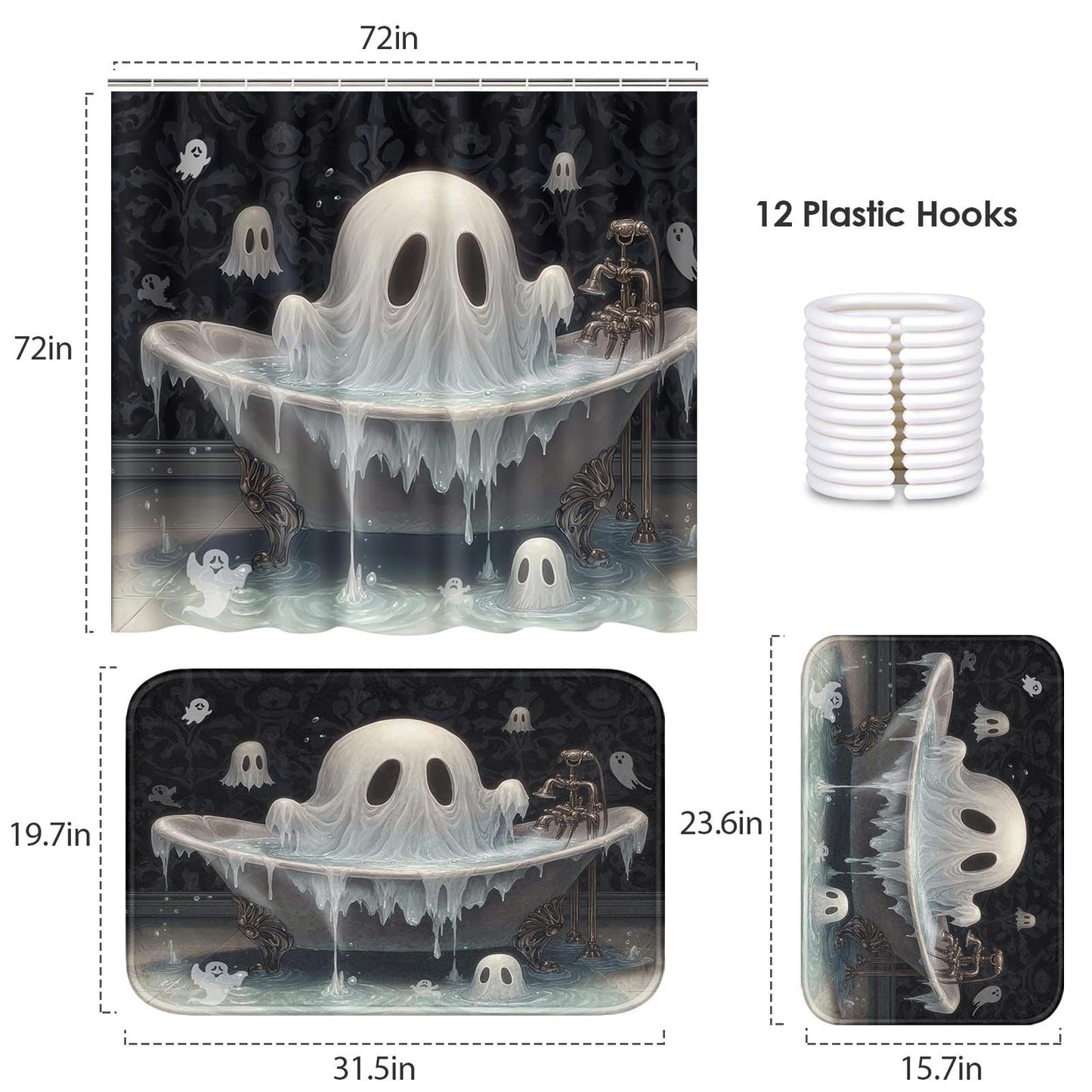 Arttown Halloween Horror Ghosts Bathroom Set with Shower Curtain and Rugs and Accessories Big and Small Ghosts Bathtub Water Black Shower Curtain Set Bathroom Decor 3-Piece Set