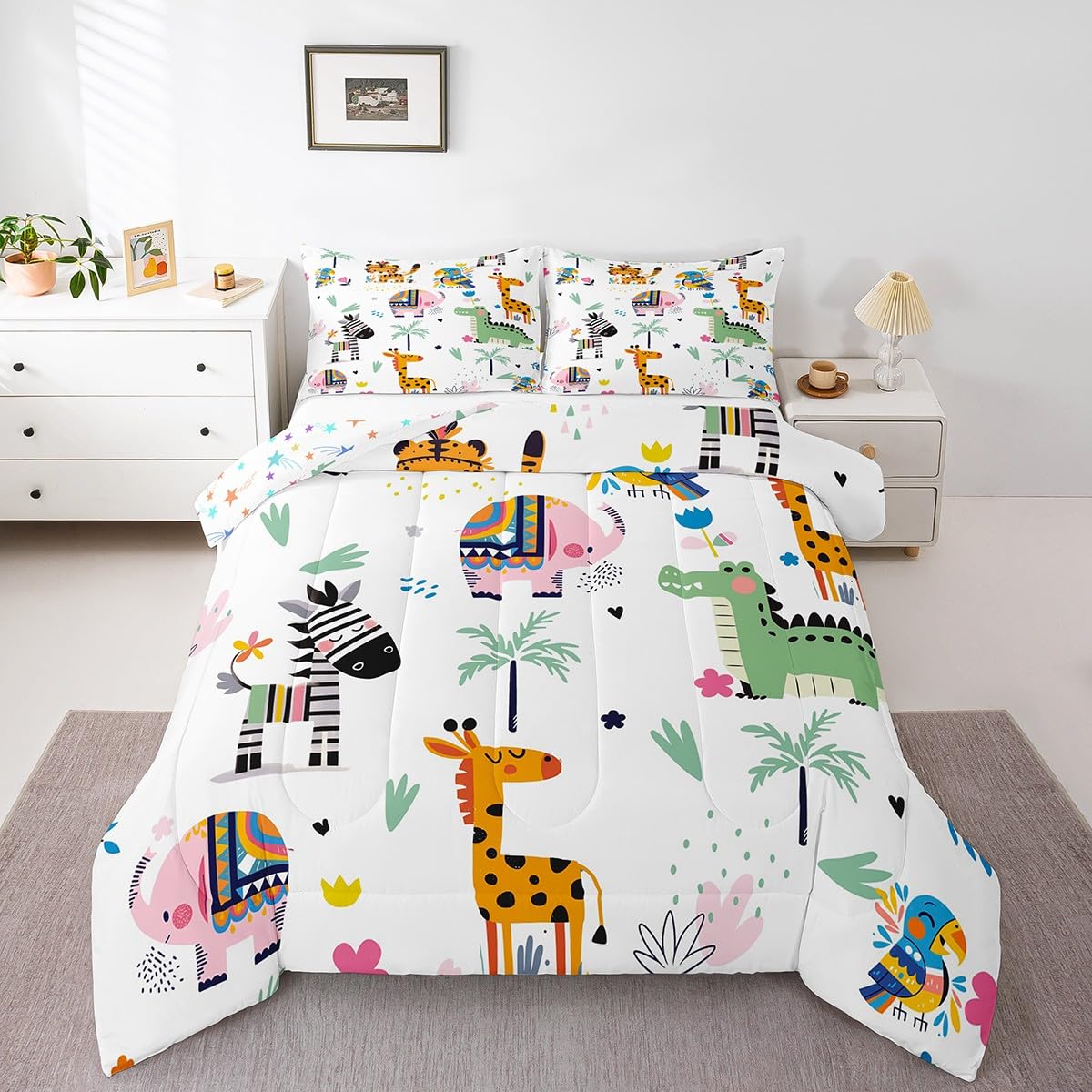 Feelyou Zoo Animals Comforter Set for Girls Boys Kids Twin Size Giraffe Elephant Dinosaur Comforter Room Decorative Wild Animals Bedding Set Cartoon Animal Duvet Set 3Pcs Quilt Set