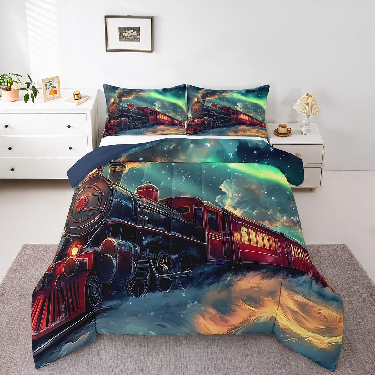 Erosebridal Aurora Train Bedding Set Twin,Steam Train Comforter Set for Boys Girls Kids,Winter Snow Scene Bed Comforter Sets Transportation Trains Quilt Bed Set with 1 Pillowcase Bedroom Decor