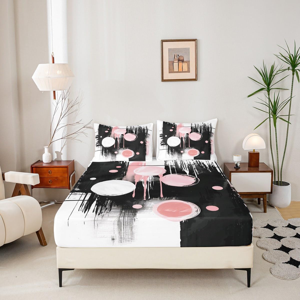 jejeloiu Retro Circle Fitted Sheet with 1 Pillowcase Twin Size Black and Pink Abstract Bed Sheets Set 16" Deep Pocket Boys Girls Bedding Teens Bedroom Decor Breathable Soft