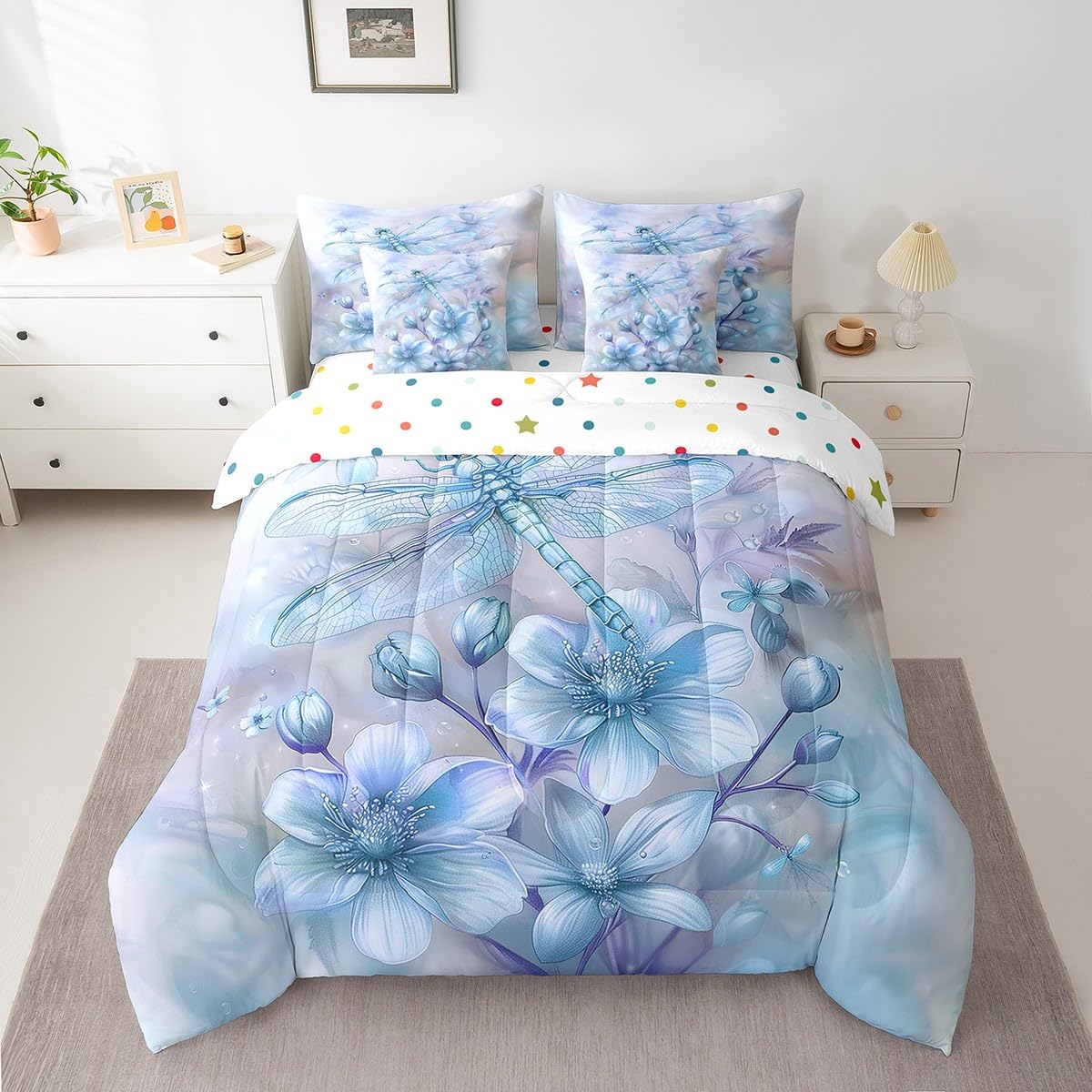 Erosebridal Blue Dragonfly Bedding Set 7Pcs,Water Lily Floral Comforter Set Queen for Kids Boys Girls Women,Dreamy Fairy Princess Style Quilt,Geometric Flying Wild Animal Bed in a Bag