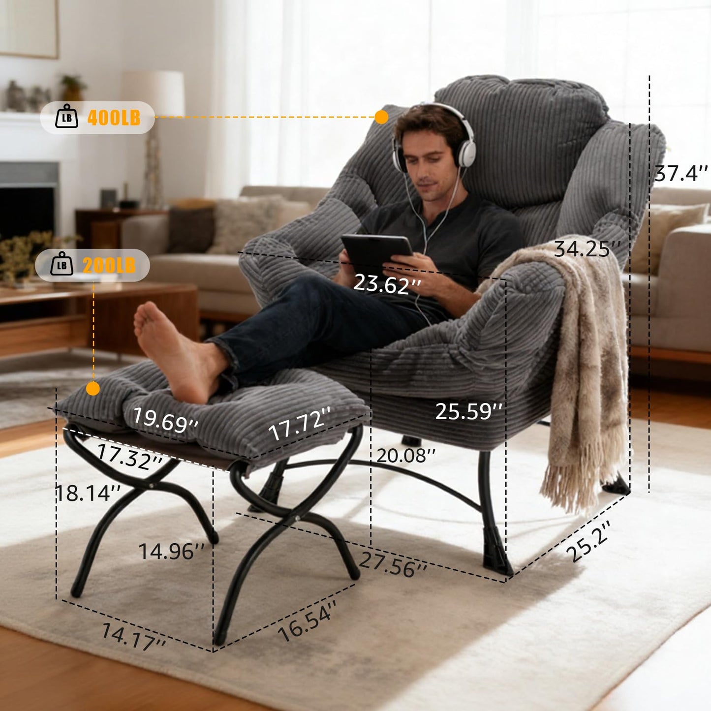 XUOXFUTZIG Lazy Chair with Ottoman, Oversized Comfy Accent Chair, 400LBS Heavy Duty Metal Frame, Thick Cushion Corduroy Lounge Chair for Living Room Bedroom Reading, Dark Gray