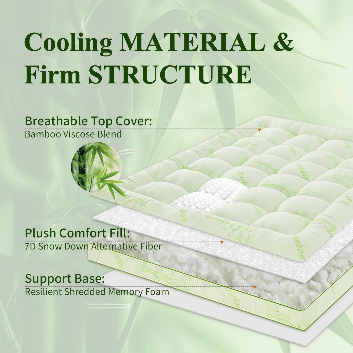 KRIMANO Memory Foam Mattress Topper - Viscose Made from Bamboo Pillow Top Thick Queen Size Mattress Pad for Back Pain, Ultra Soft & Cooling for Hot Sleepers, 6-18'' Deep Pocket, Green