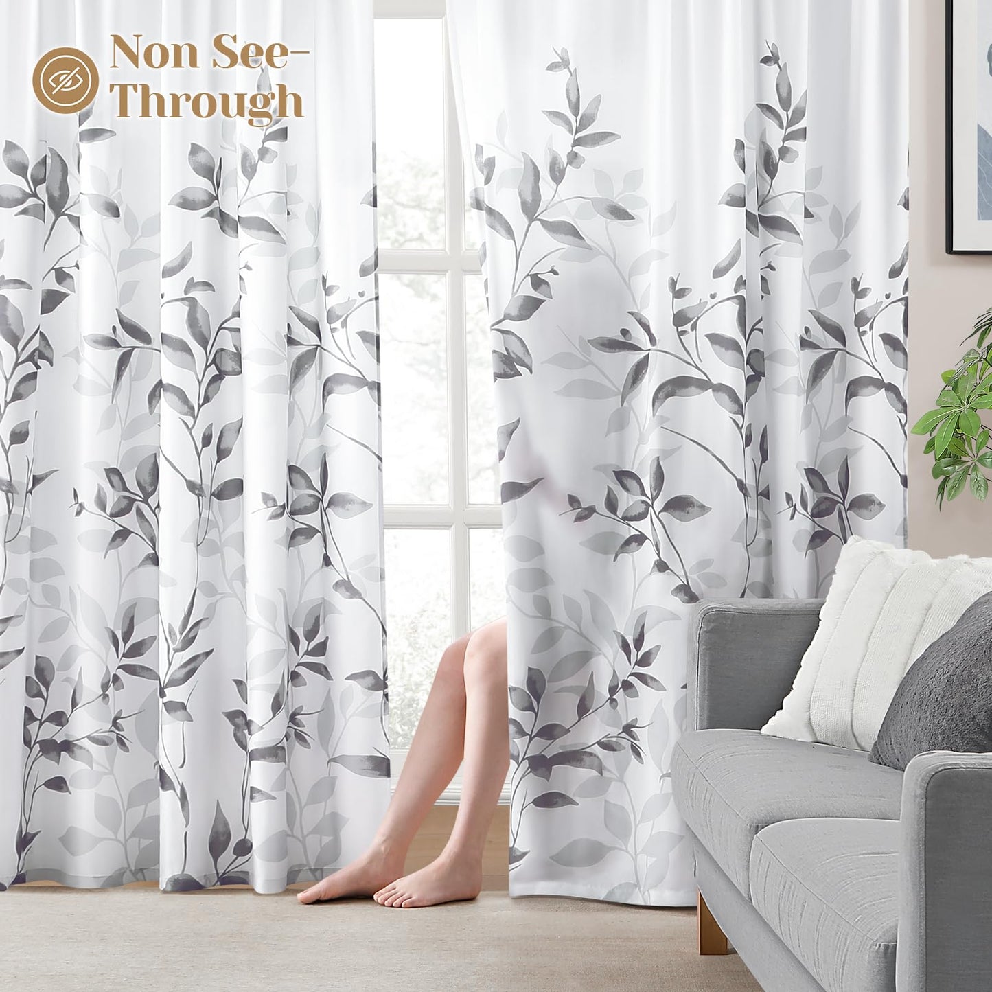 HOMEIDEAS Non-See-Through Light Grey and White Privacy Sheer Curtains 52 X 63 Inch Length 2 Panels, Leaf Floral Printed Light Filtering Semi Sheer Window Curtains Drapes for Bedroom Living Room