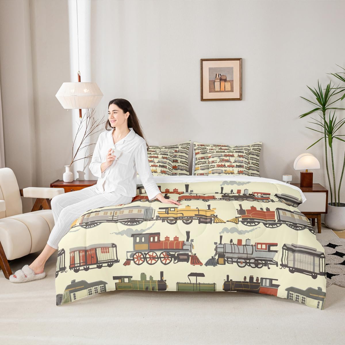 7 Pieces Twin Size Cartoon Train Comforter Set,Retro Steam Locomotive Train Bedding Set for Boys Girls,Transport Vehicle Yellow boho (Comforter+Fitted+Flat Sheet+2 Pillowcases+2 Throw Pillow Covers)