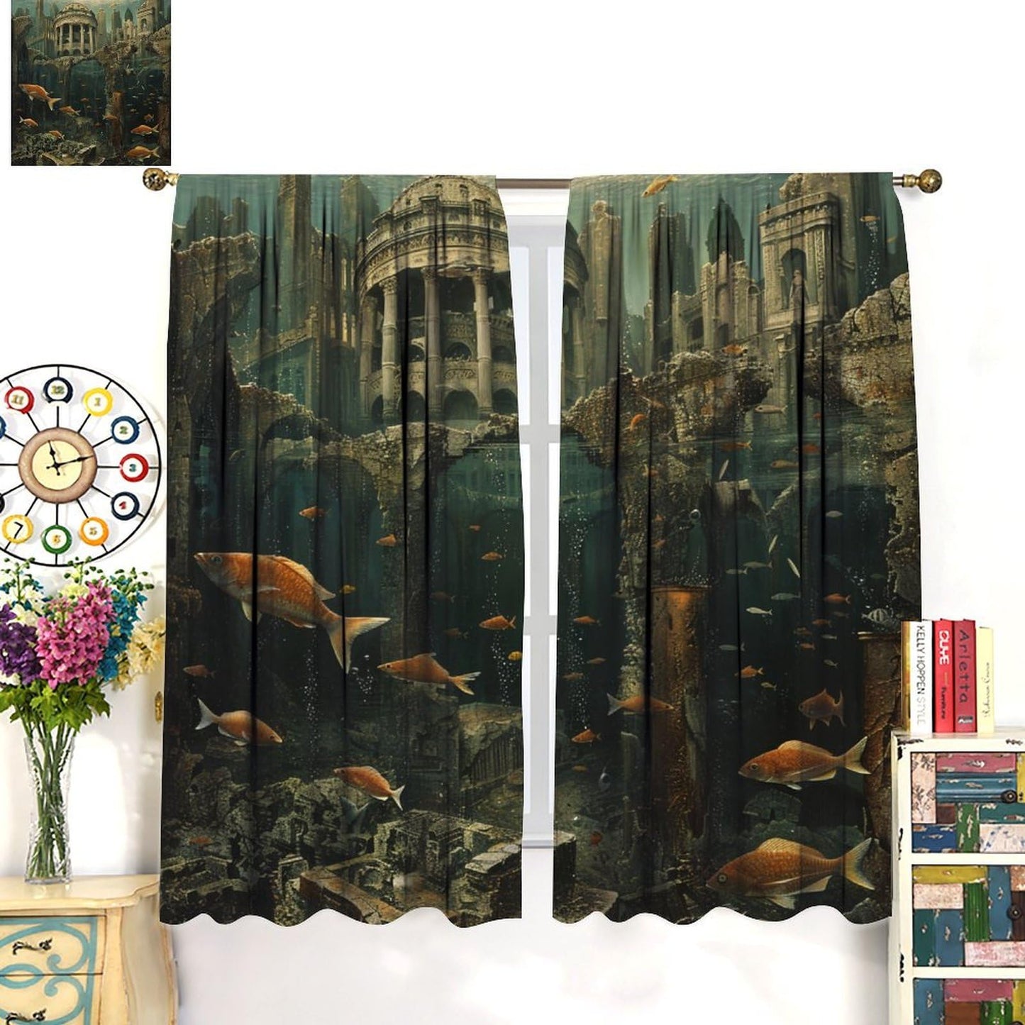TOWINSFB Ocean Fish Retro Building Blackout Curtains, Underwater Fish Ancient Castle Home Decor Rod Pocket Window Drapes for Living Room Bedroom - 42" W x 45" L
