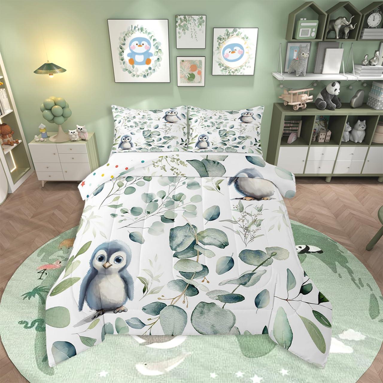 Erosebridal Cartoon Penguin Bedding Twin Toddler Woodland Wildlife Comforter Set, Plant Duvet Insert Eucalyptus Leaf Quilt Comforter, Antarctic Animal Theme Bedding Comforters & Sets Kids Room Decor