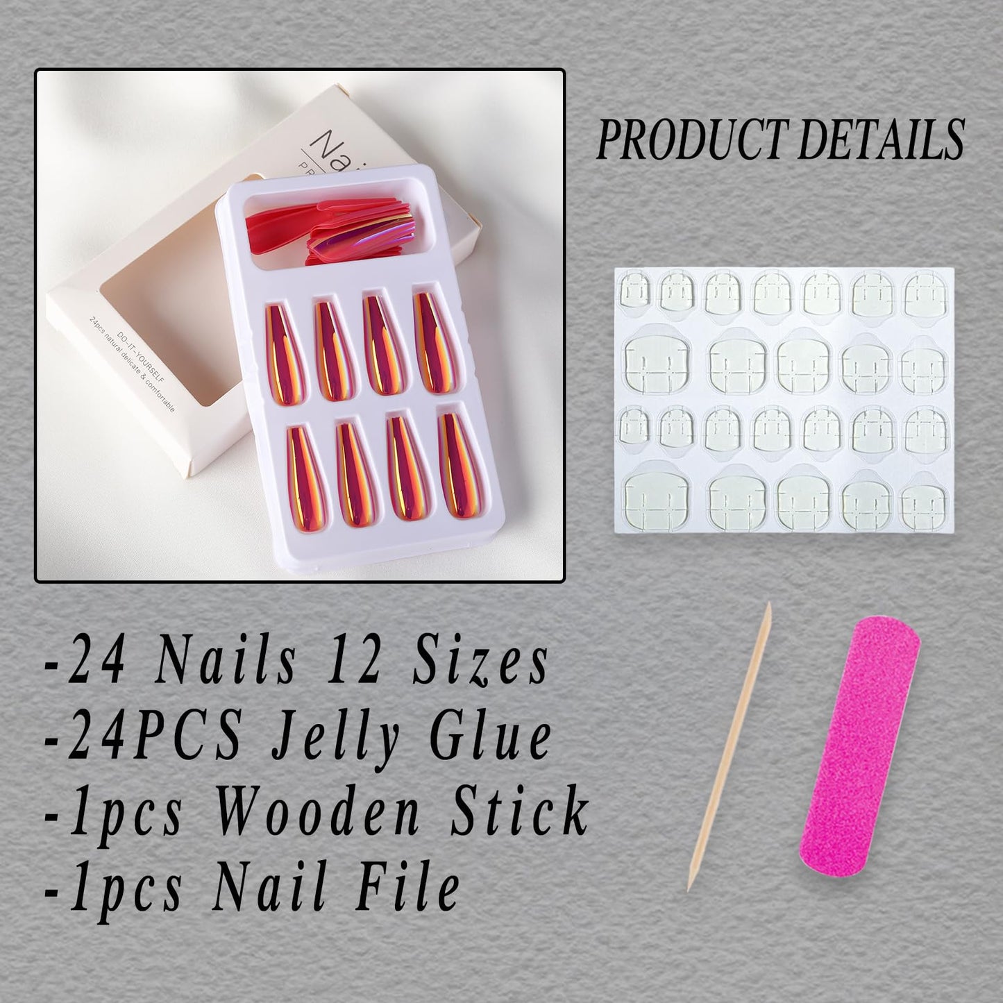 Chrome Press on Nails Pink Fake Nails Long Ballerina Glossy Laser Coffin False Nails Holographic Pink Mirror Metallic Glue on Nails for Women Girls Artificial Acrylic Manicure Nail Decoration 24pcs
