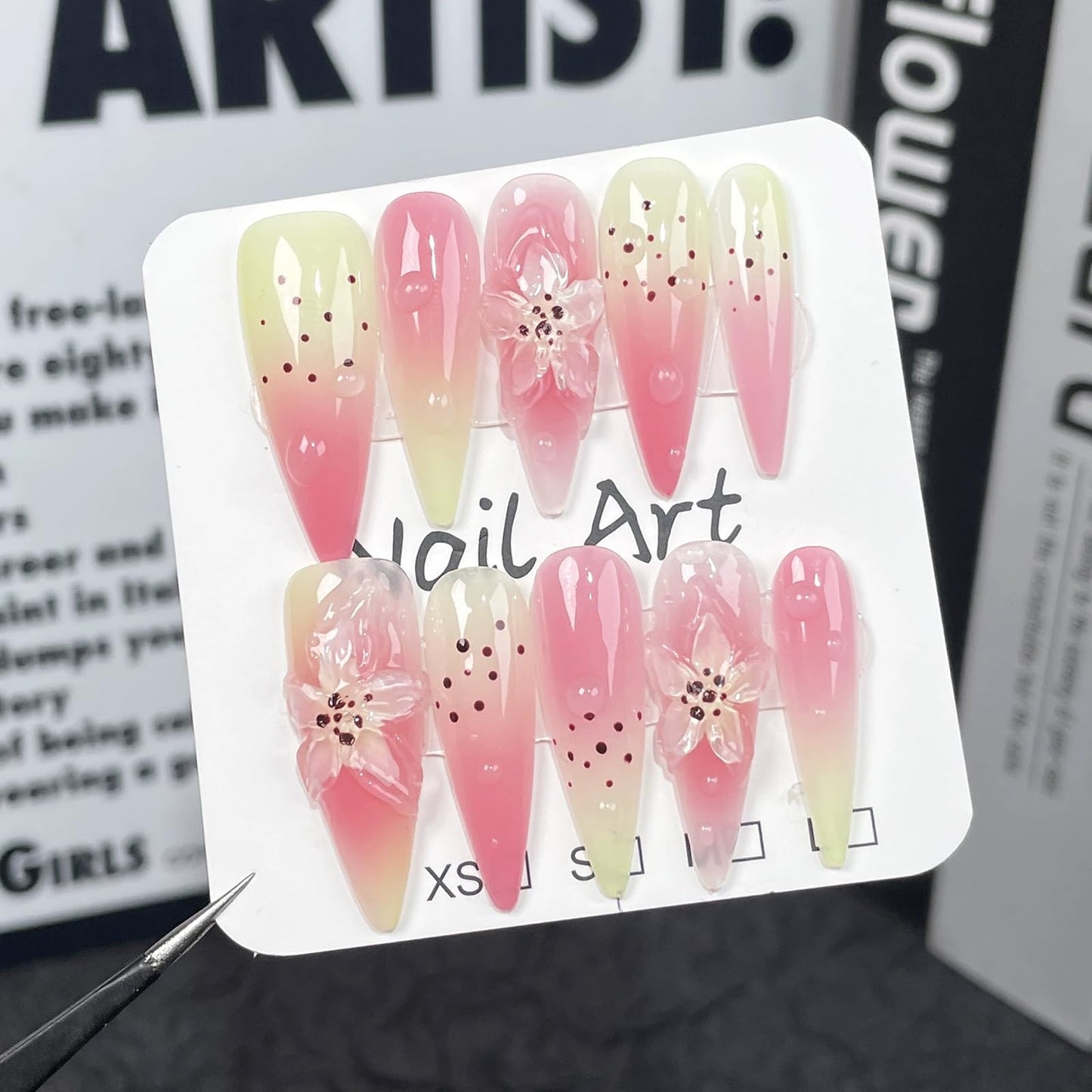 Handmade Press on Nails Long Stiletto Fake Nails French Tip Leopard print with 3D Flower Designs Pink Glossy Cute Acrylic Nails for Women 10pcs (Size M）