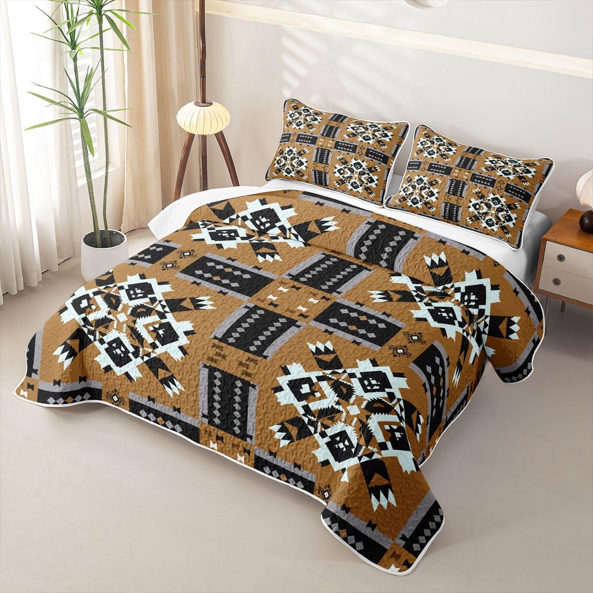 Caramel Tan Southwestern Lightweight Queen Quilt Bedding Set,Cooling Bedspread Coverlet,Aztec Tribal Black and White Geometric Quilted Blanket with 2 Pillow Shams,Soft Microfiber for Hot Sleepers