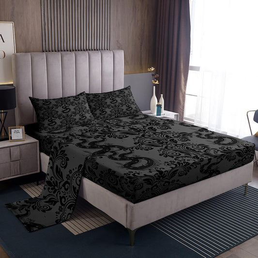 Feelyou Adults Gothic Bed Sheets Sets Full Size Kids Boys Girls Dark Olive Green Damask Print Bedding Set Snake Bed Sheet Set with 16-Inch Deep Pockets 4Pcs with 2 Pillow Cases
