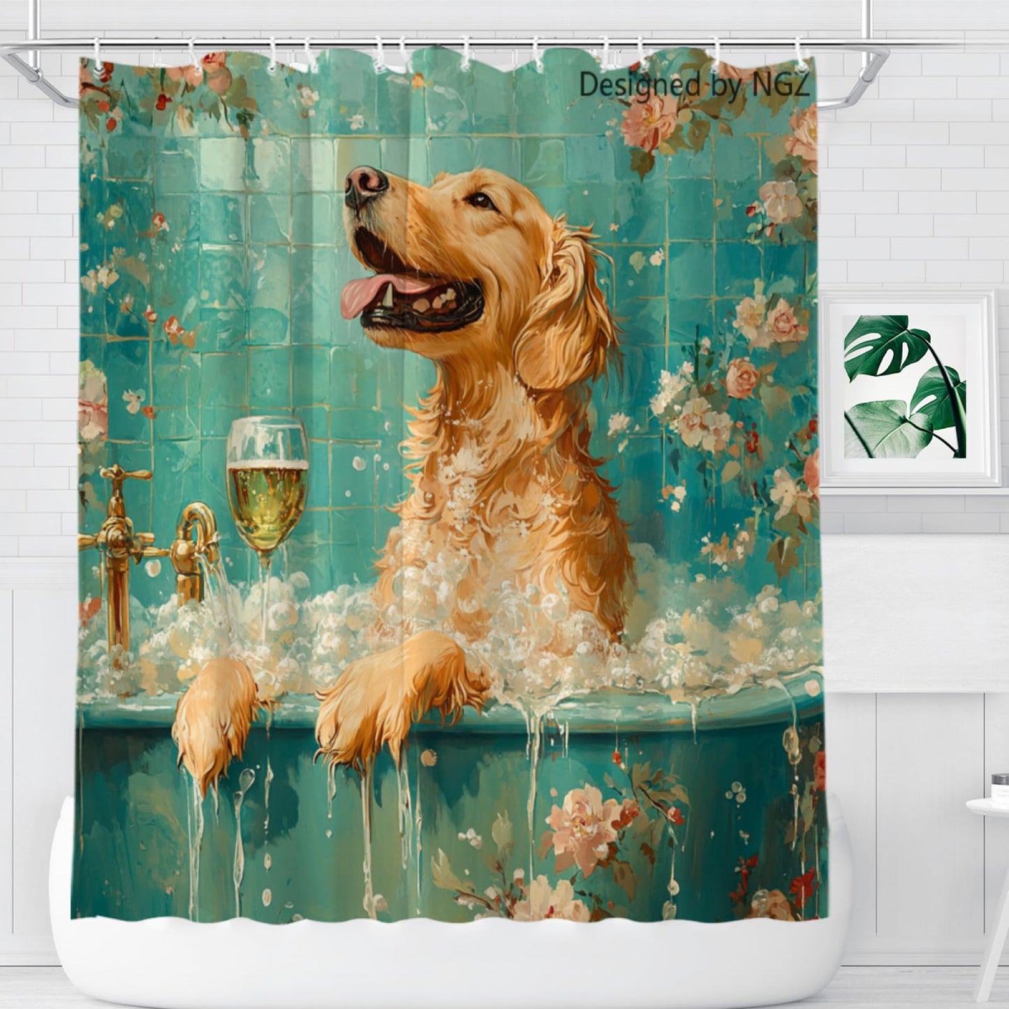 NGZ Funny Golden Retriever Teal Shower Curtain, SPA with Wine, Green Shower Curtain, 72x72 Inches Shower Curtains for Bathroom, Bath Curtains Set with 12 Hooks