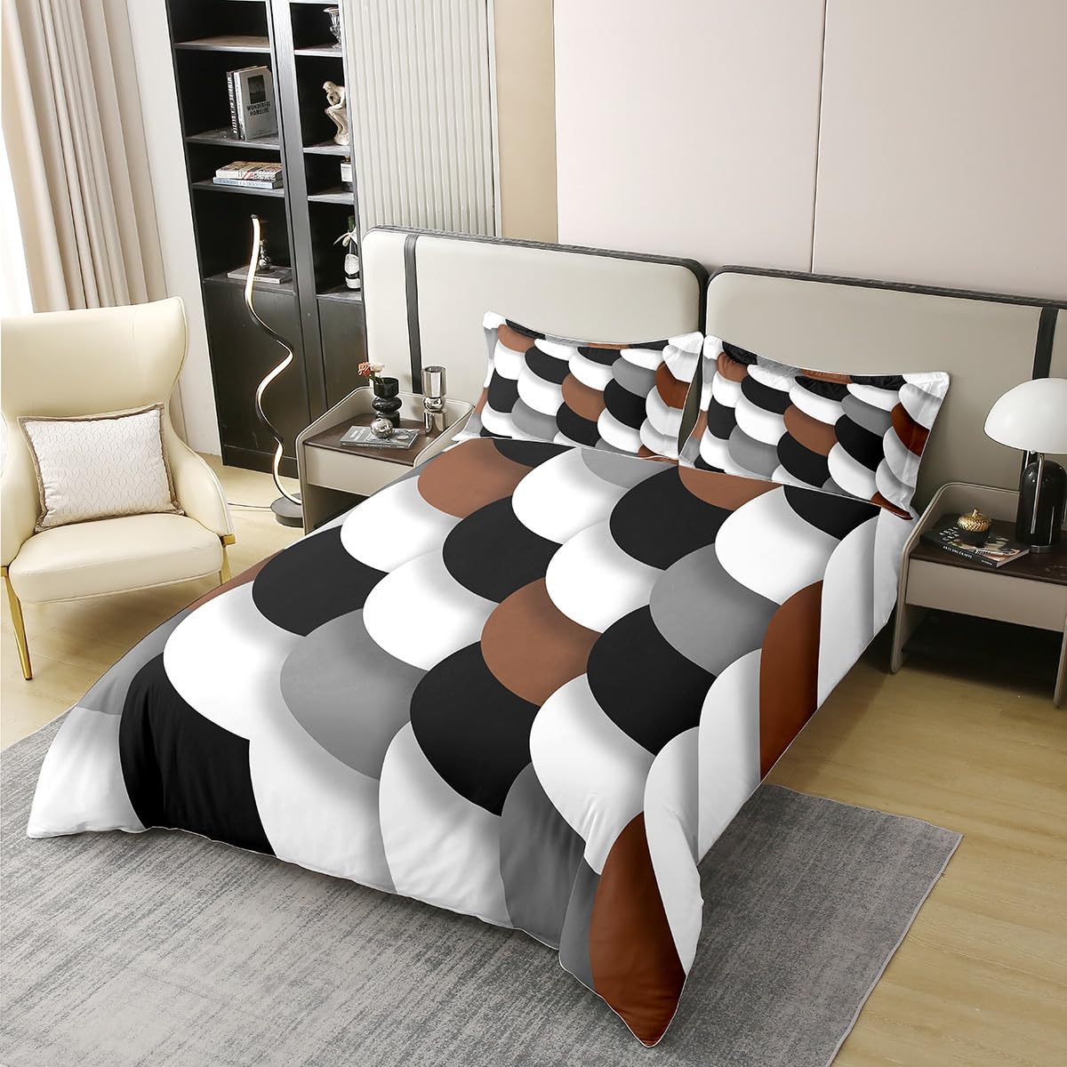 jejeloiu Brown Black White Geometric Bedding Set Queen Size Kids Abstract Art Duvet Cover 100% Cotton for Boys Girls Abstract Comforter Cover Soft（No Comforter）