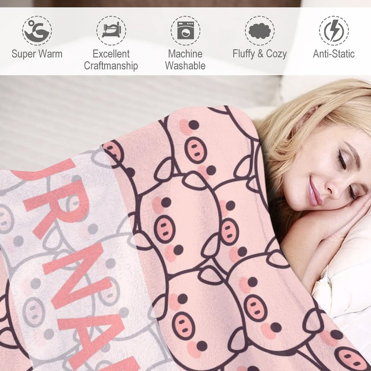 Personalized Pig Blanket Gifts with Text Name, 30"x40" Flannel Fleece Throw Blanket Soft for Girls Boys Adults, Lightweight, Comfortable, Warm Cute Pig Themed Blanket for Bed Couch