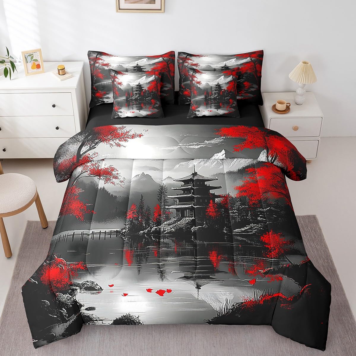 Erosebridal Japanese Style Queen Bedding Set 7 Piece,Cherry Blossom Comforter Set with Sheets,Red and Black Oriental Bed Set Vintage Mountain Scene Bed in a Bag with Fitted+Flat Sheet,Pillowcases
