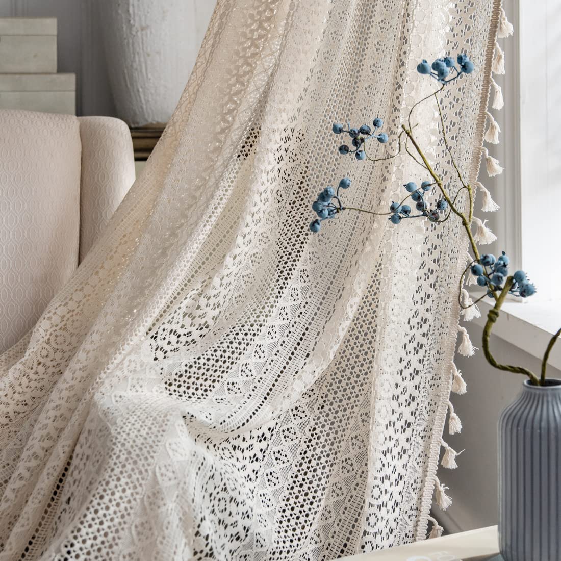 Boho Curtains for Living Room Bedroom, 63 inch Length 2 Panels Set Cotton Linen Semi Sheer Farmhouse Window Curtains with Tassels & Rod Pocket, Beige Lace Crochet Rustic Floral Long Curtain Drapes