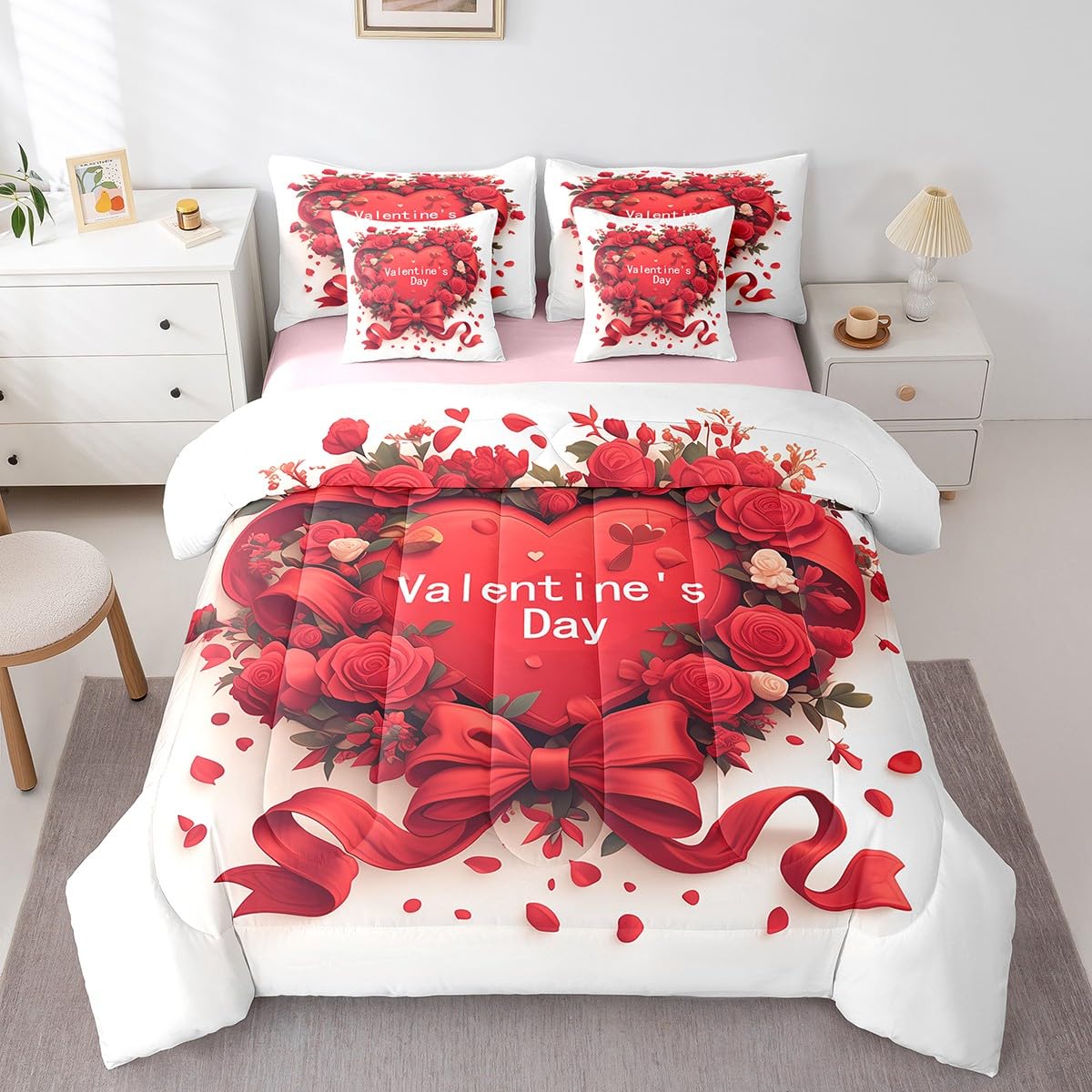 Feelyou Kids Valentine's Day Comforter Set with Sheets Queen Size, Rose 7 Pieces Bedding Set Boys Girls Romantic Bed in A Bag Red Heart Teens Bed Set Bedroom Decor 7Pcs