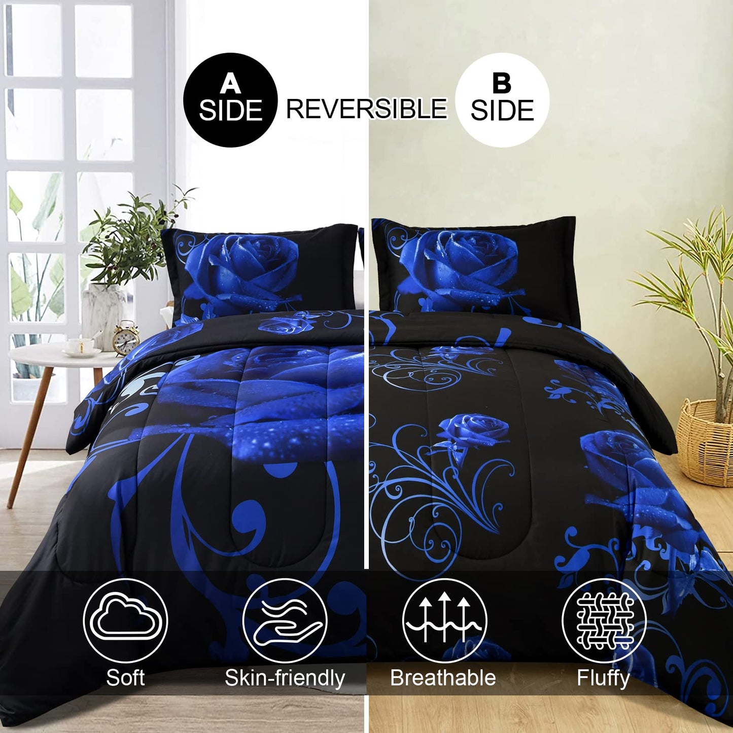 WONGS BEDDING Blue Comforter Set Queen, Reversible Blue Rose Pattern Printed Bedding Comforter Set with 2 Pillowcases for All Seasons, Soft Microfiber Filling Bedding Set 90"x90"