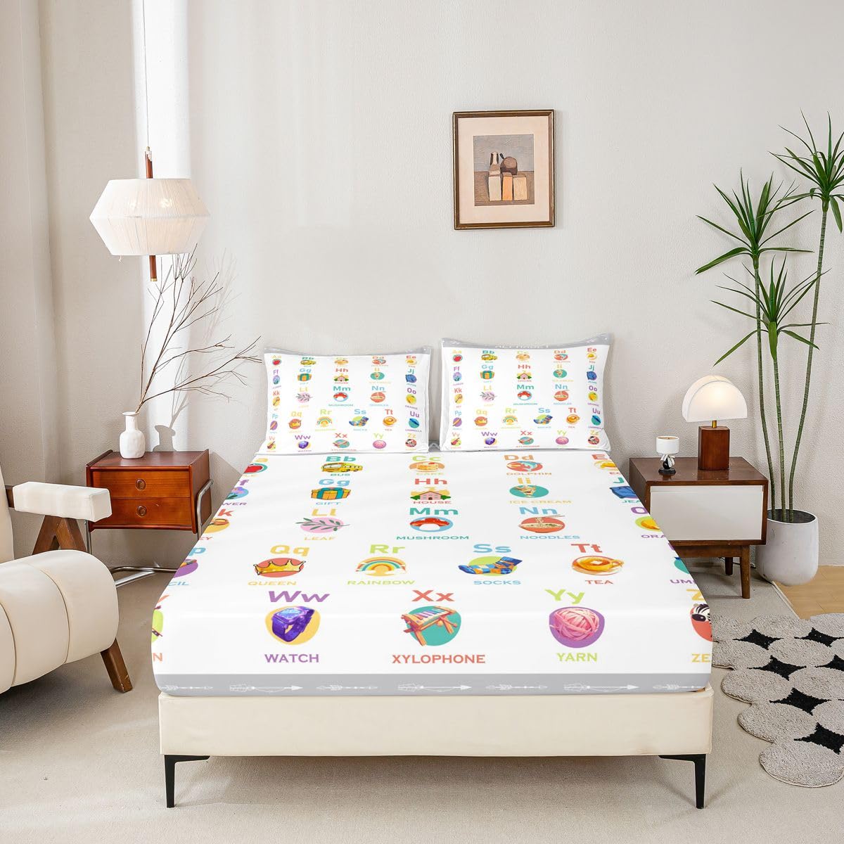 ABC Alphabet Fitted Sheet Twin Size, Cartoon Bedding Set Numbers Bed Sheet Set Kids Toddler Educational Learning Bed Cover with 1 Pillow Case (No Flat Sheet)