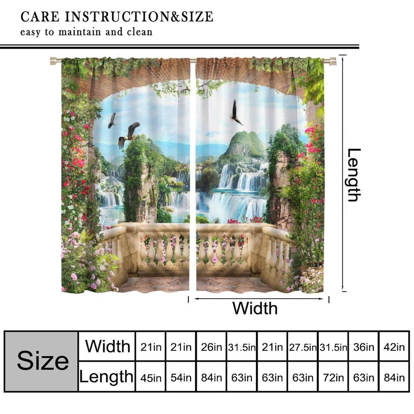 AAVEUP Italian Building Curtains for Kitchen,European Vintage Rustic Romantic Waterfall Natural Flower Landscape Architecture Window Treatments Print for Bedroom Living Room 42x45in（No Blackout）