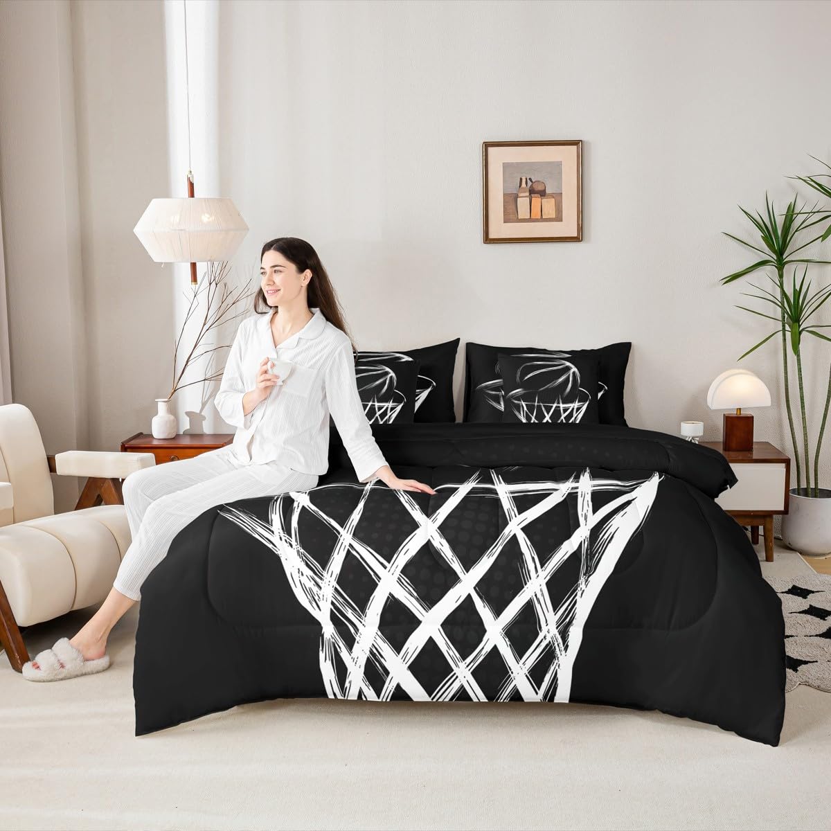 Erosebridal Basketball Hoop Queen Comforter Set with Sheets | Abstract Basketball 7-Piece Bedding Set Black and White Bed in a Bag, Chic Simplistic Monochrome European Sports Ball Bed Sets